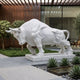Charging Bull White Marble Garden Statue - 180cm, horns lowered and one foreleg raised, on a rectangular slab in a modern courtyard with agave plants.
