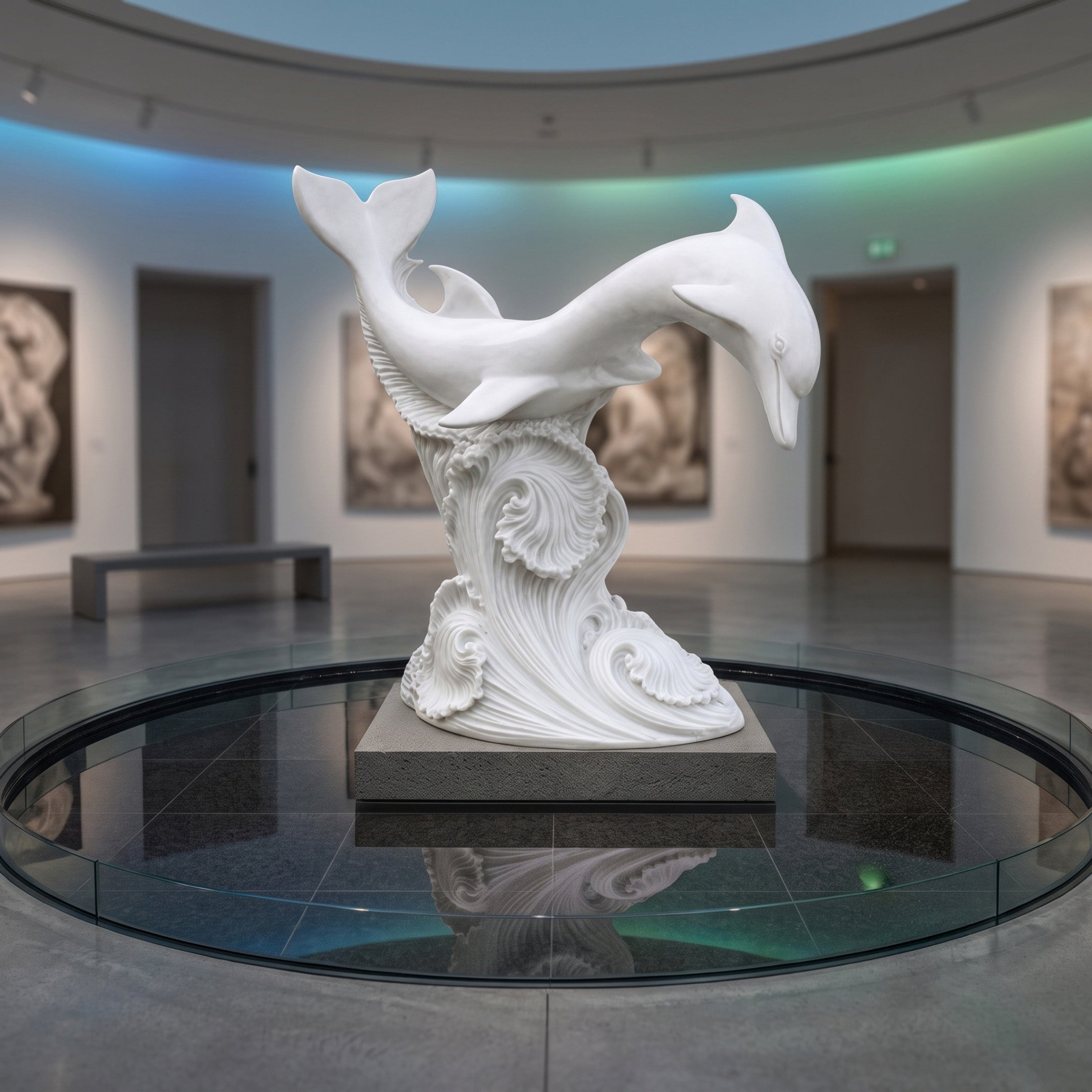 Two Dolphins on a Wave White Marble Statue - 180cm displayed on a grey pedestal over a glass floor panel in a circular gallery with wall art.