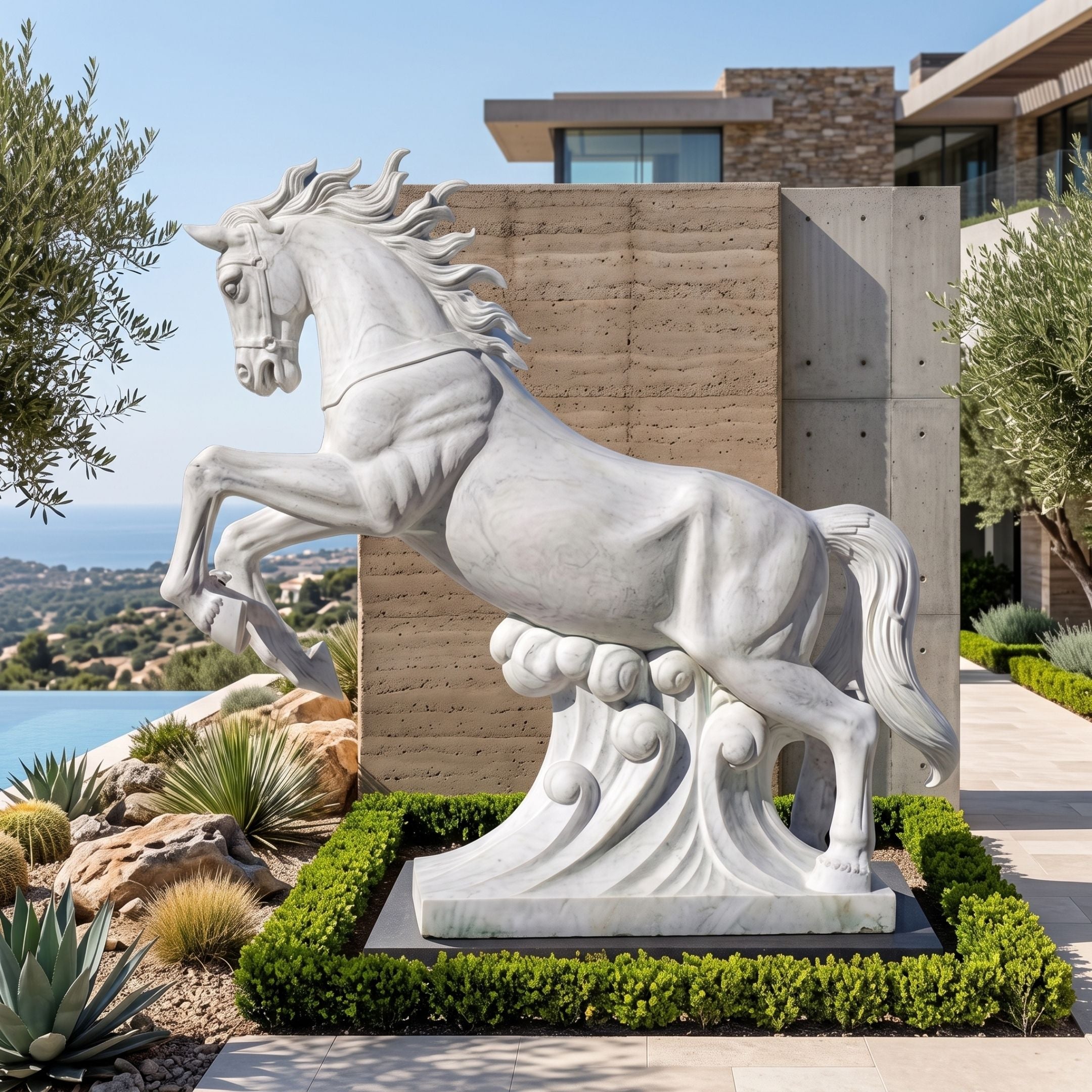 White marble Leaping Horse on Carved Cloud statue, 250cm, rearing with bridle and flowing mane on a carved cloud base, shown outdoors near a garden wall.