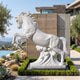 White marble Leaping Horse on Carved Cloud statue, 250cm, rearing with bridle and flowing mane on a carved cloud base, shown outdoors near a garden wall.