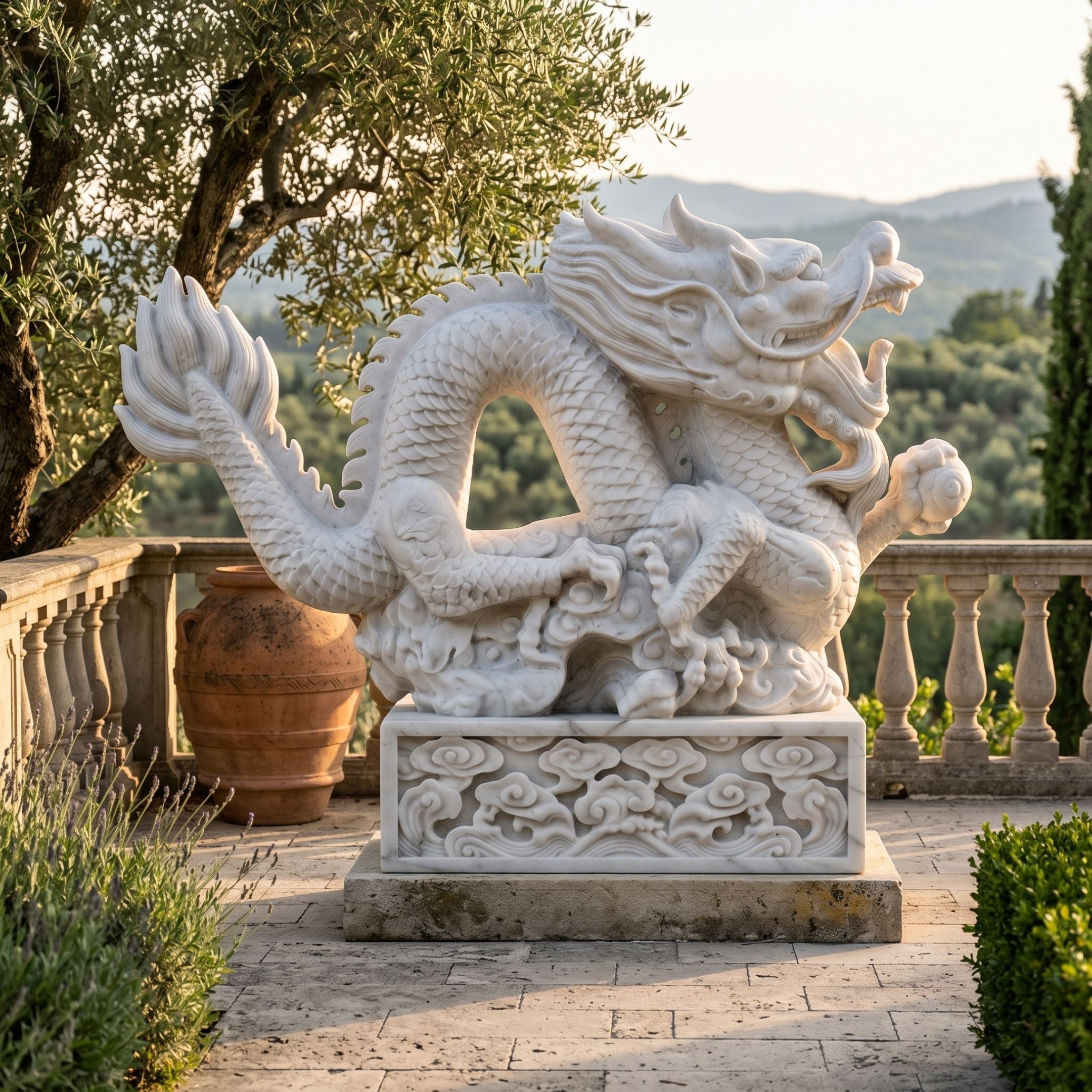 Coiled Dragon White Marble Garden Statue - 180cm by Giant Sculptures, carved arching over a sphere on a carved base, set on a terrace with distant hills.