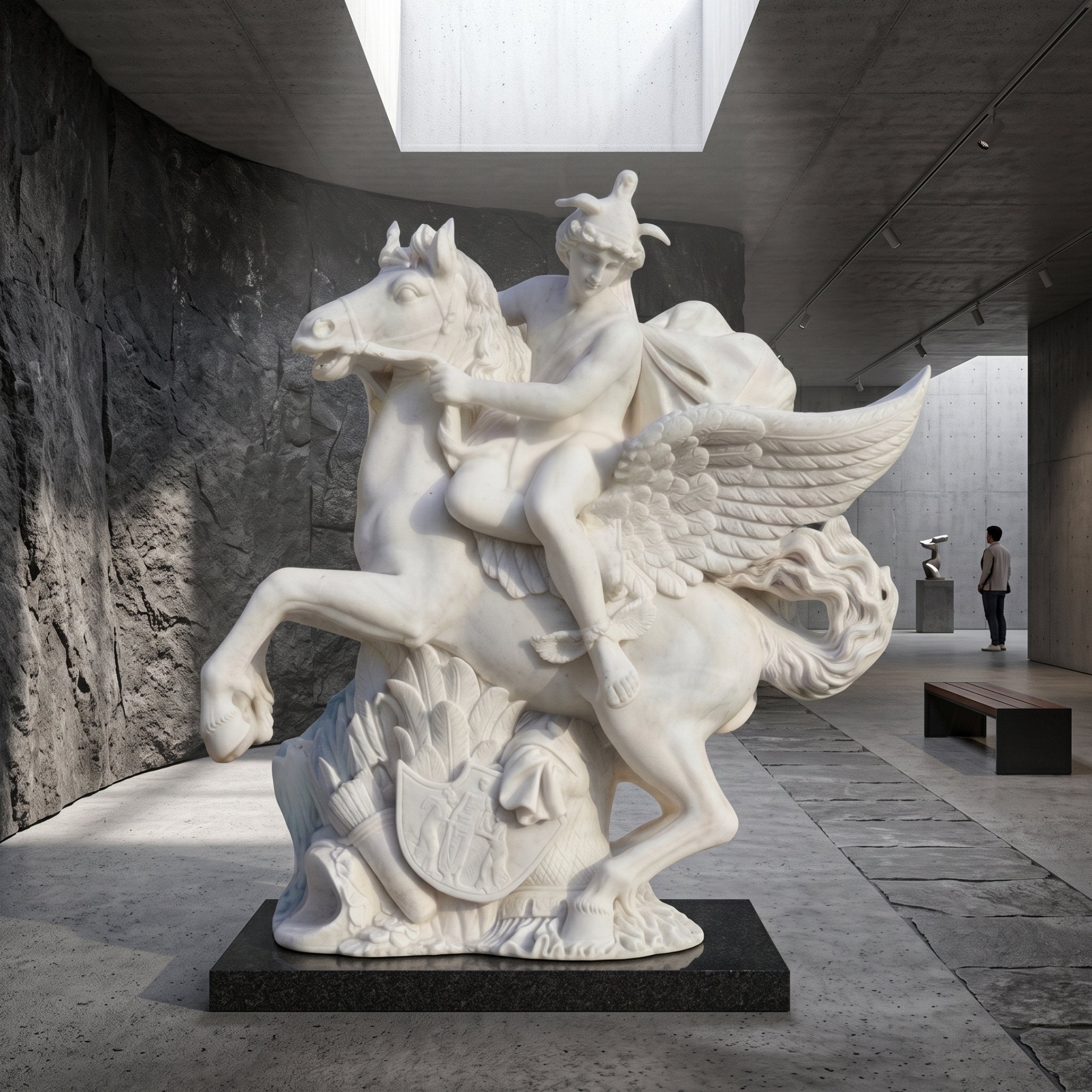Rider on a Winged Horse Marble Statue - 220cm, white marble figure with winged cap on a rearing Pegasus over a rocky base, displayed on a dark plinth in a gallery interior.
