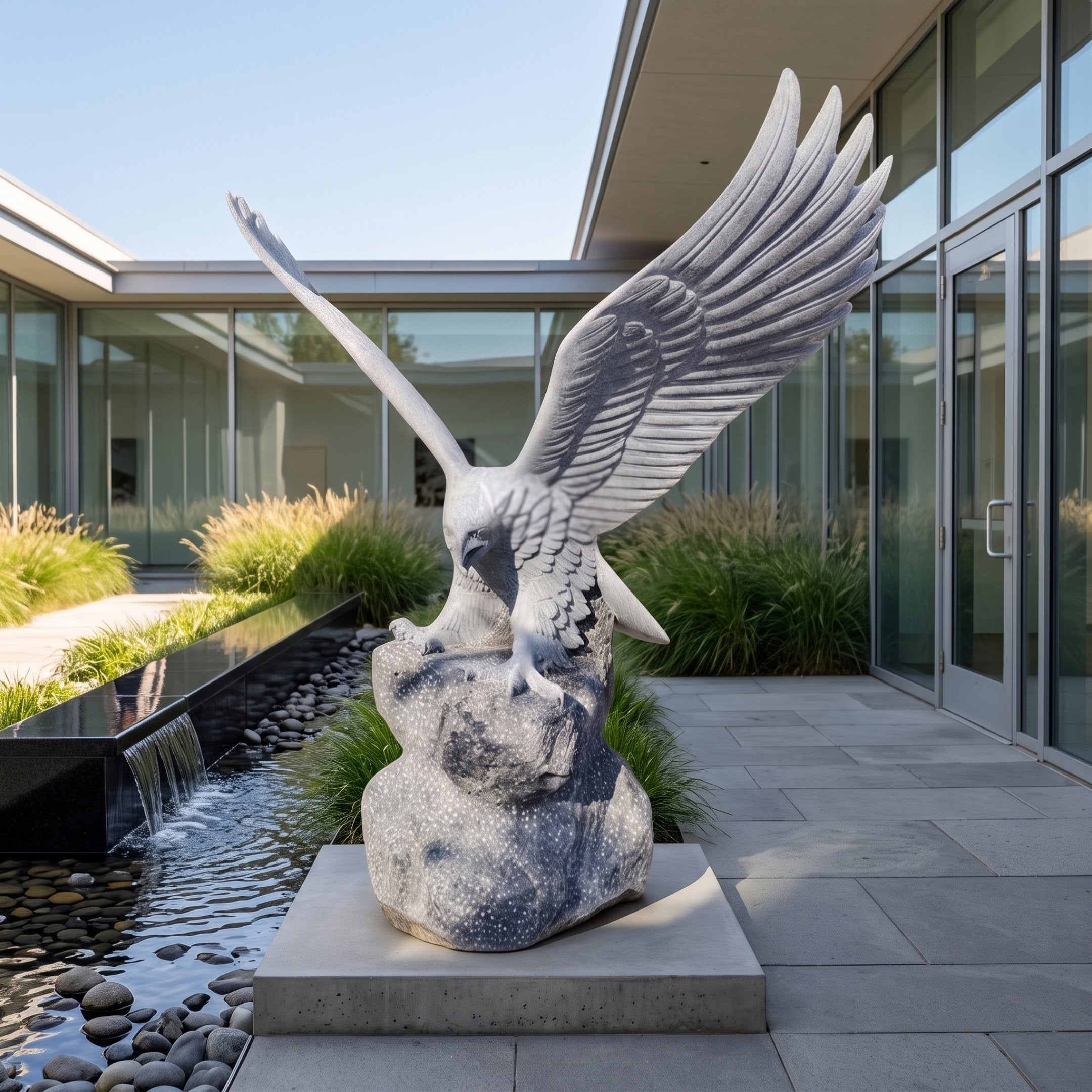 Alighting Eagle Grey Marble Garden Statue - 220cm, wings raised on a textured rock base, set in a courtyard beside a reflecting pool and glass building.