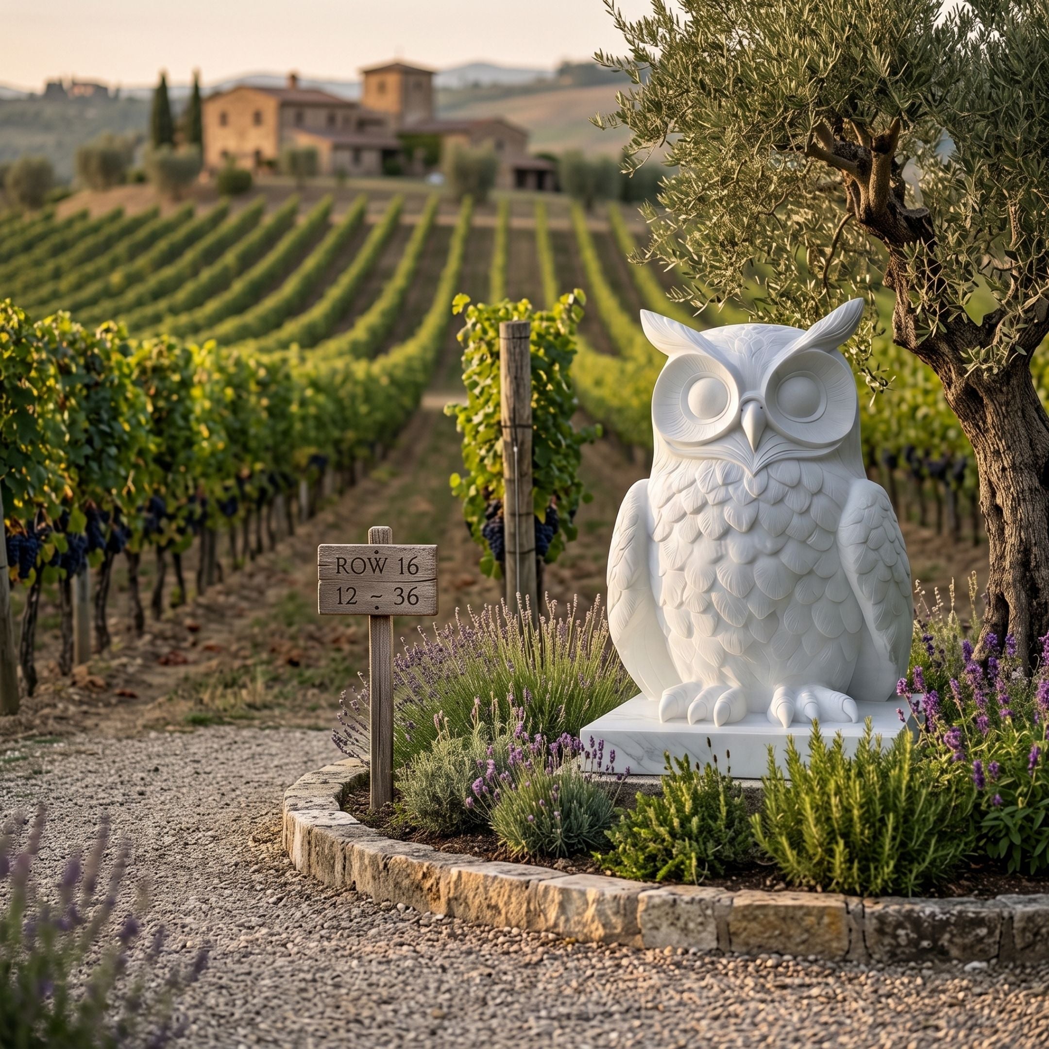 Faceted Owl White Marble Statue - 180cm displayed on a plinth in a vineyard garden, front-facing with faceted feathers, framed by lavender and an olive tree.