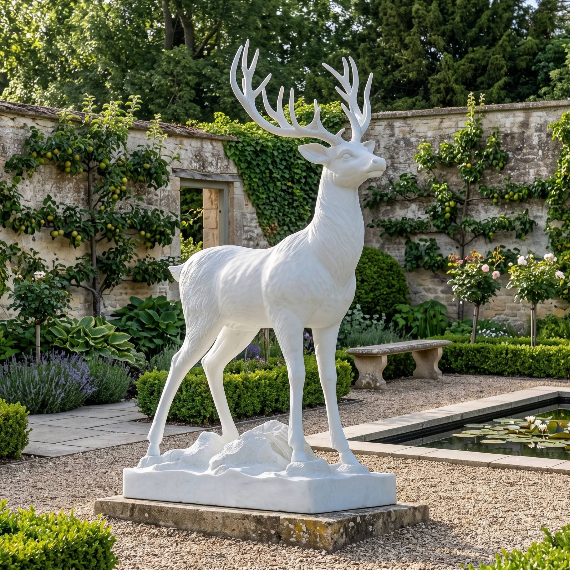 Standing Stag White Marble Statue - 220cm, head raised with full antlers, on a carved rocky base in a walled garden setting near a pond.