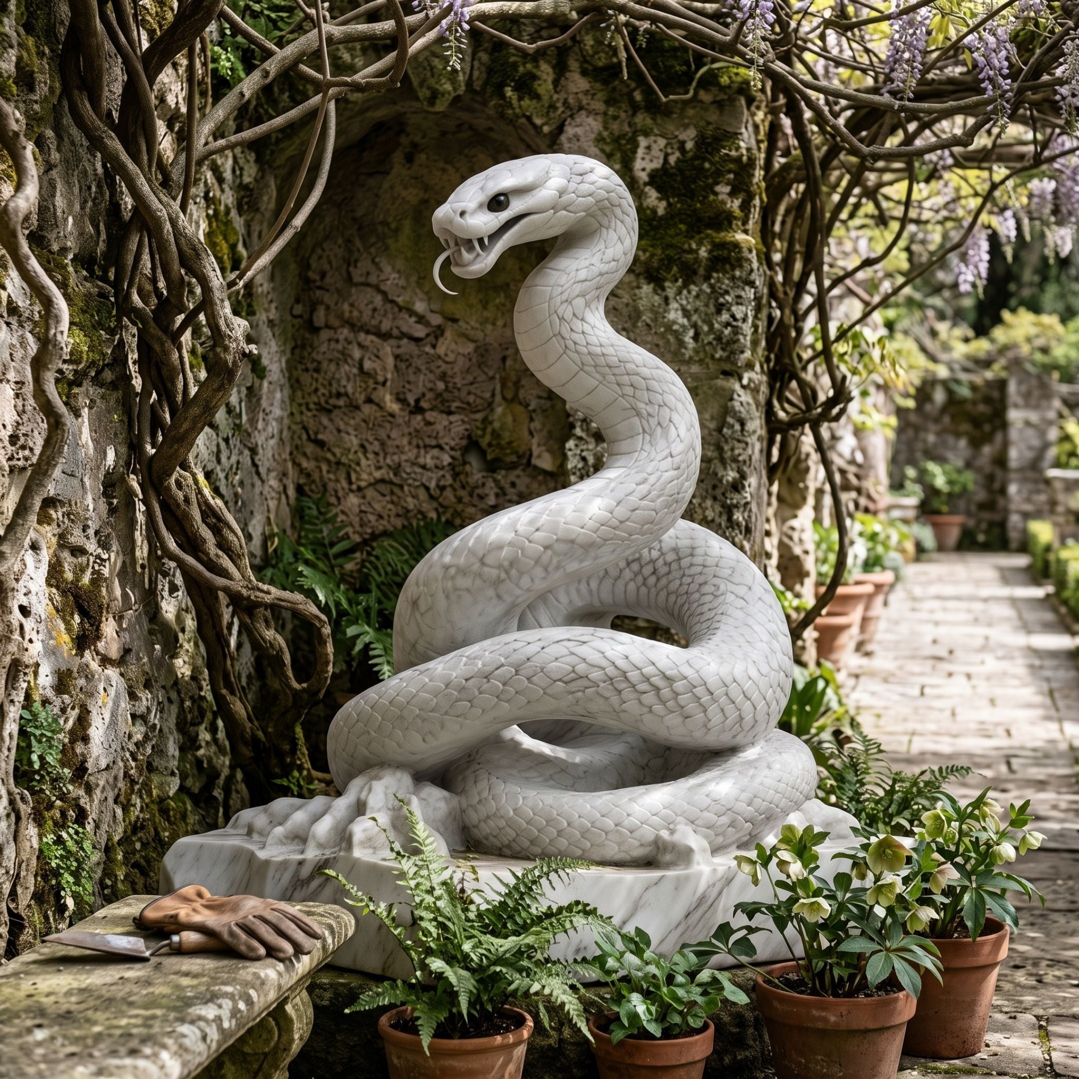 Rising Snake White Marble Statue (160cm) by Giant Sculptures, coiled snake with open mouth on a rock-carved slab, set in a garden alcove among vines and potted plants.