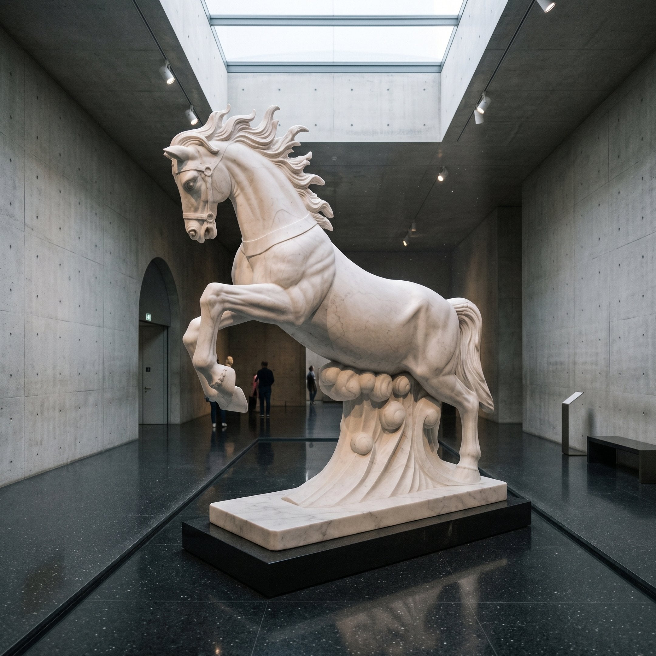 Leaping Horse on Cloud Crest Marble Statue - 250cm, white marble horse rearing on carved cloud base, displayed in a grey concrete gallery with skylight.