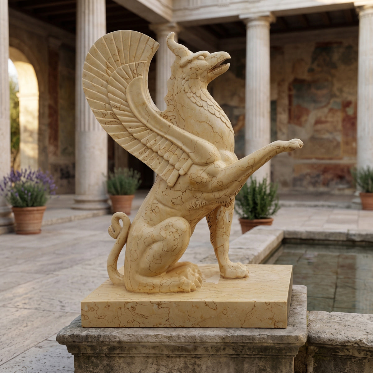 Seated Griffin Beige Marble Statue, 150cm, by Giant Sculptures, raised wing and open beak on a rectangular slab, displayed in a colonnaded courtyard by a pool.