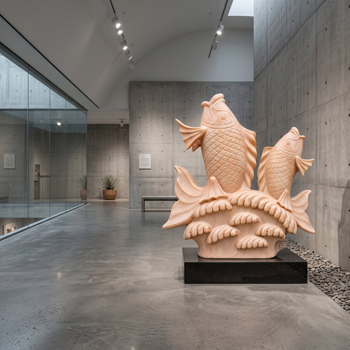 Two Carp on a Wave Pink Marble Statue, 150cm, on a black base in a gallery hallway with concrete walls and polished floor.