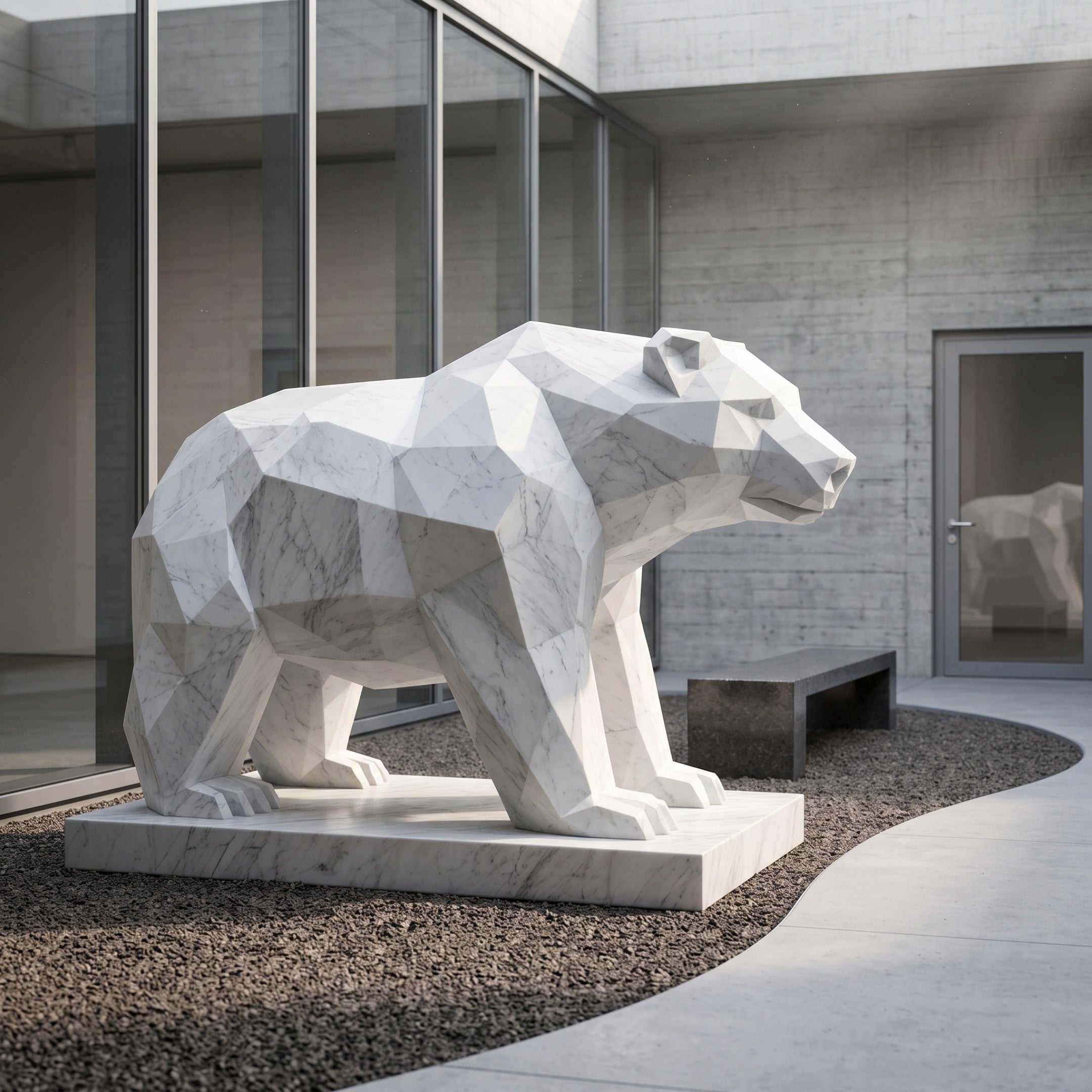 Faceted Bear White Marble Statue - 160cm on a rectangular slab base, shown outdoors on a gravel courtyard path beside a glass building facade.
