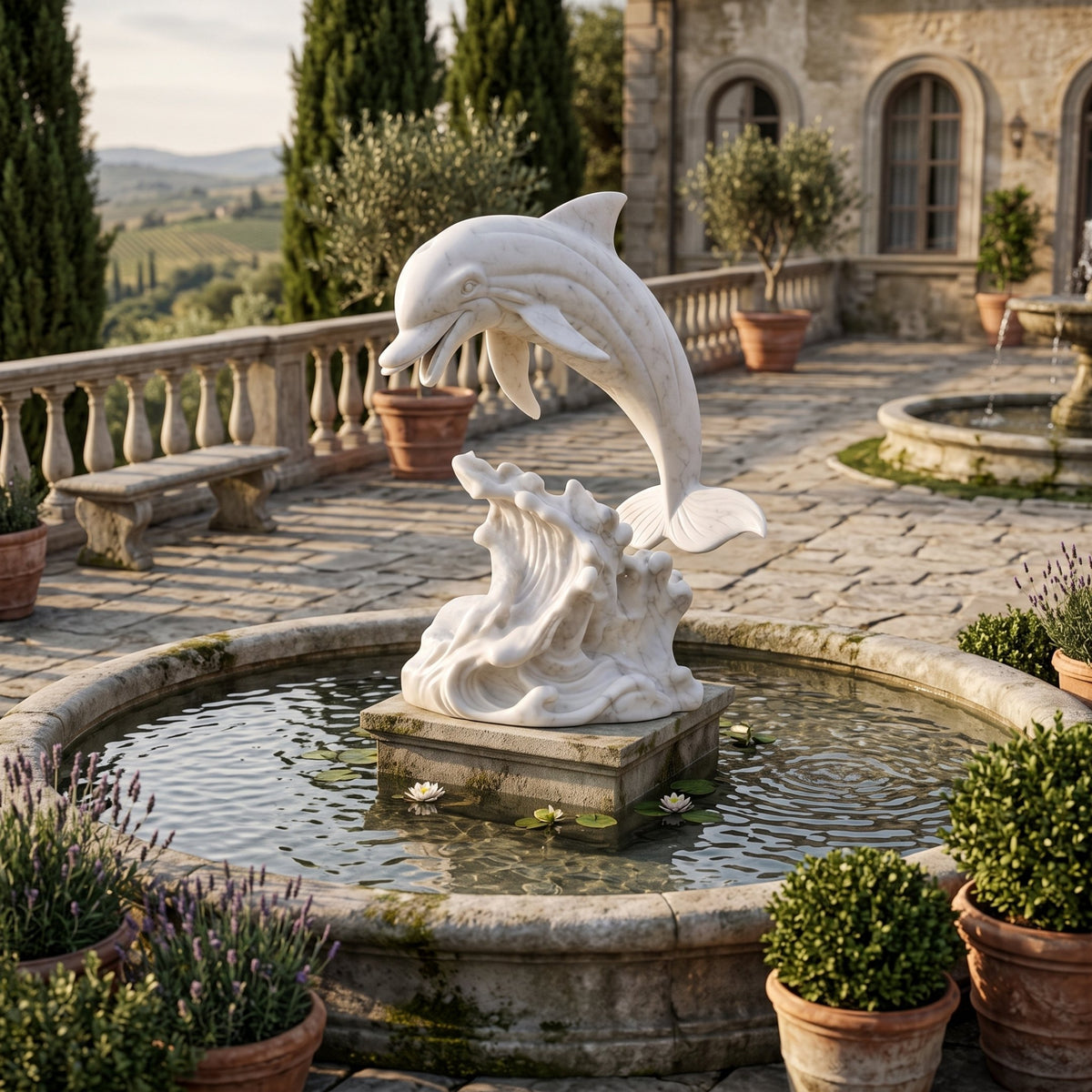 White marble Leaping Dolphin on a Wave Statue, 120cm, set in a stone garden fountain on a terrace overlooking hills and cypress trees.