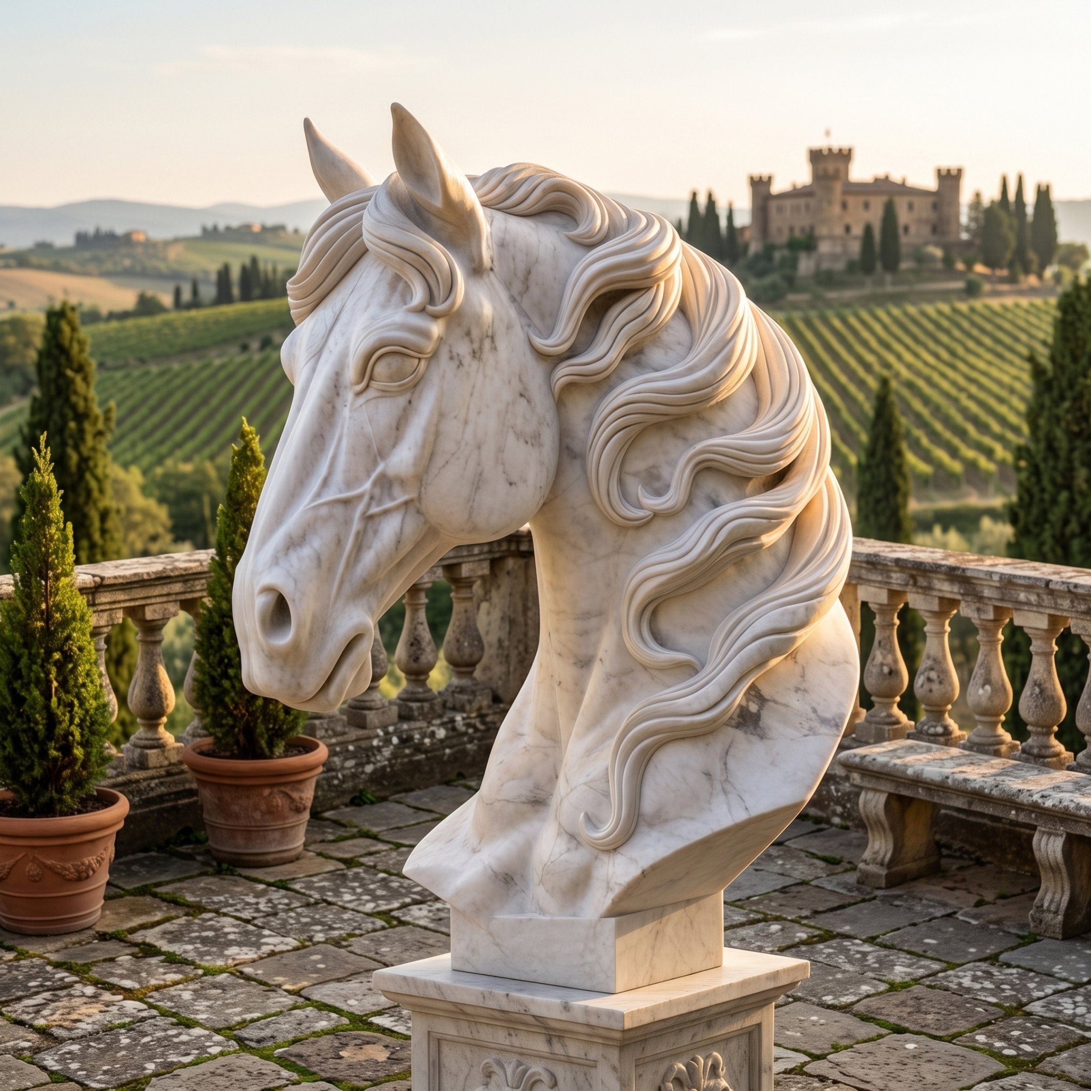 Horse Head Bust with Flowing Mane Marble - 180cm in white marble on a pedestal, shown outdoors on a stone terrace with a countryside and castle view.