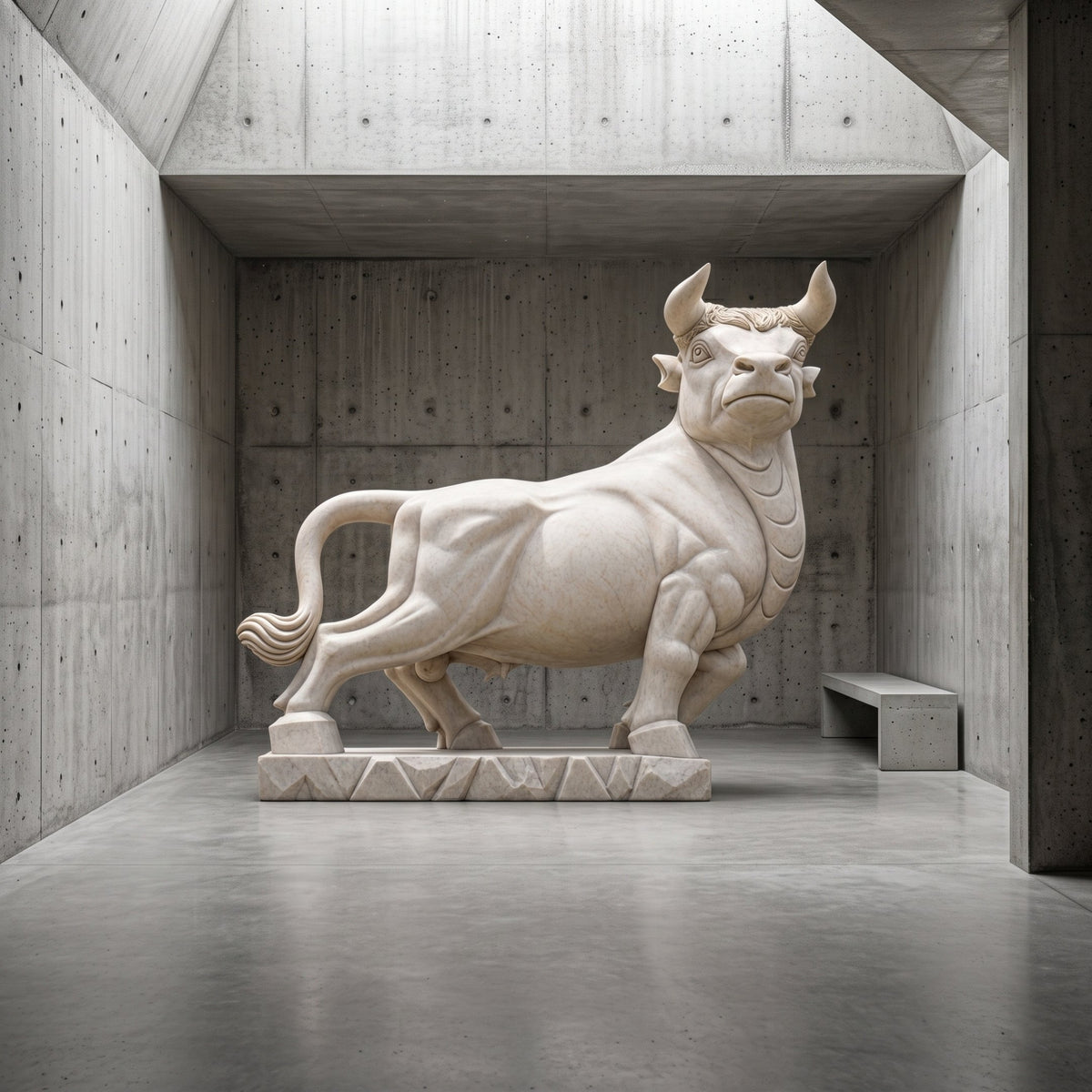 Standing Bull White Marble Statue - 150cm, shown in profile on a chevron-carved base inside a concrete-walled gallery space with a bench nearby.