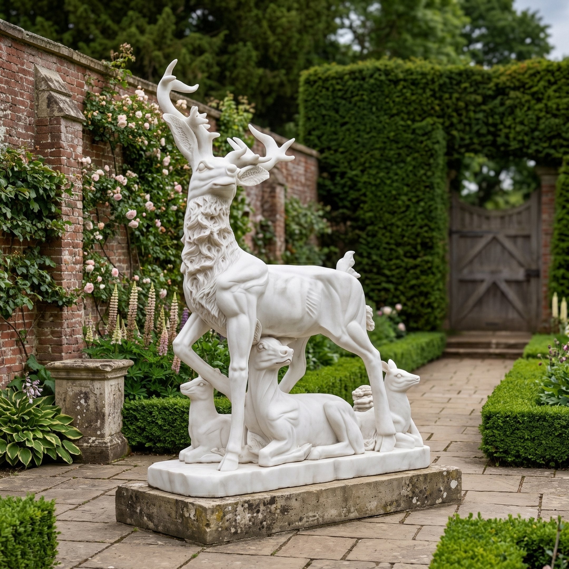 Stag and Three Deer White Marble Statue - 220cm with raised antlered head, a bird perched on its back, and three smaller deer grouped around its base, set on a garden path beside brick walls and hedges.