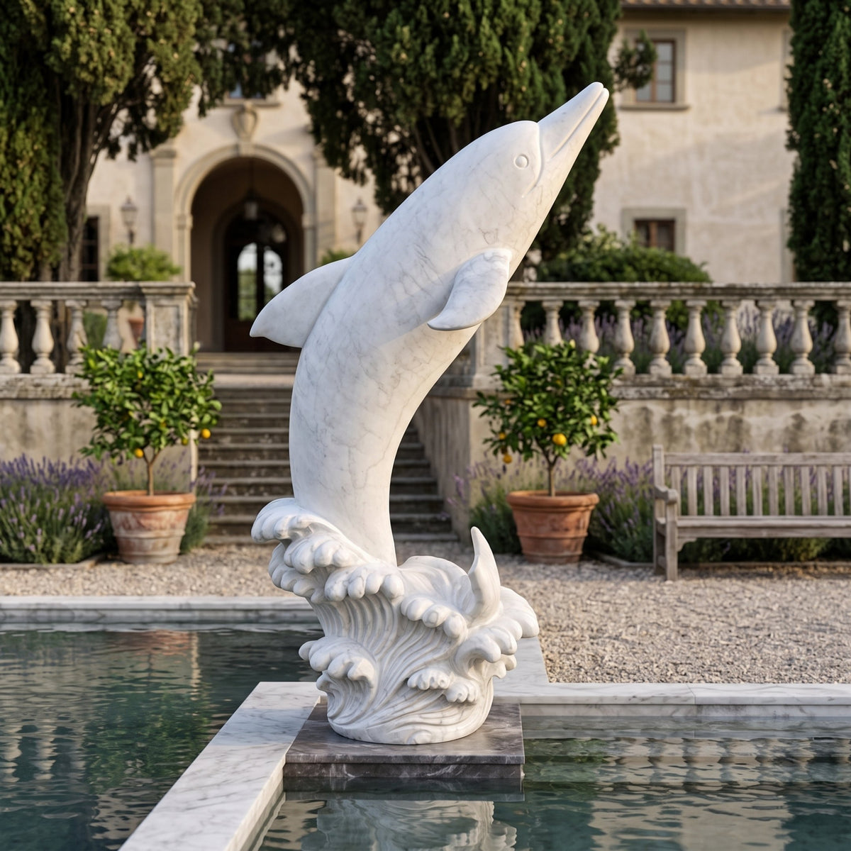 White marble Leaping Dolphin on a Wave Statue, 180cm, poolside on a villa terrace with balustrade, potted citrus trees, and stone steps behind.