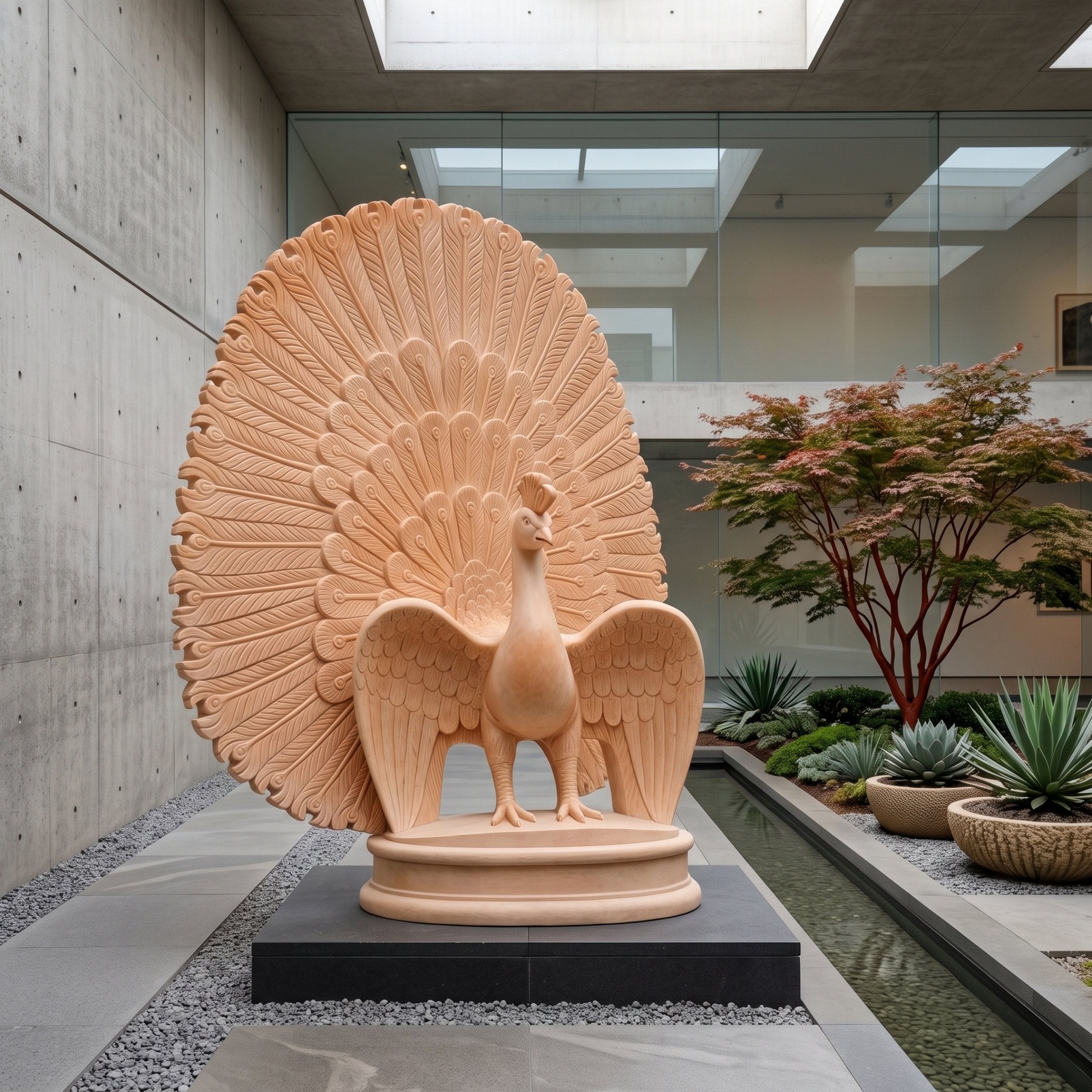 Displaying Peacock Pink Marble Statue, 250cm, shown with wings spread and full tail fan, on a round pedestal in a modern courtyard setting with glass walls and greenery.