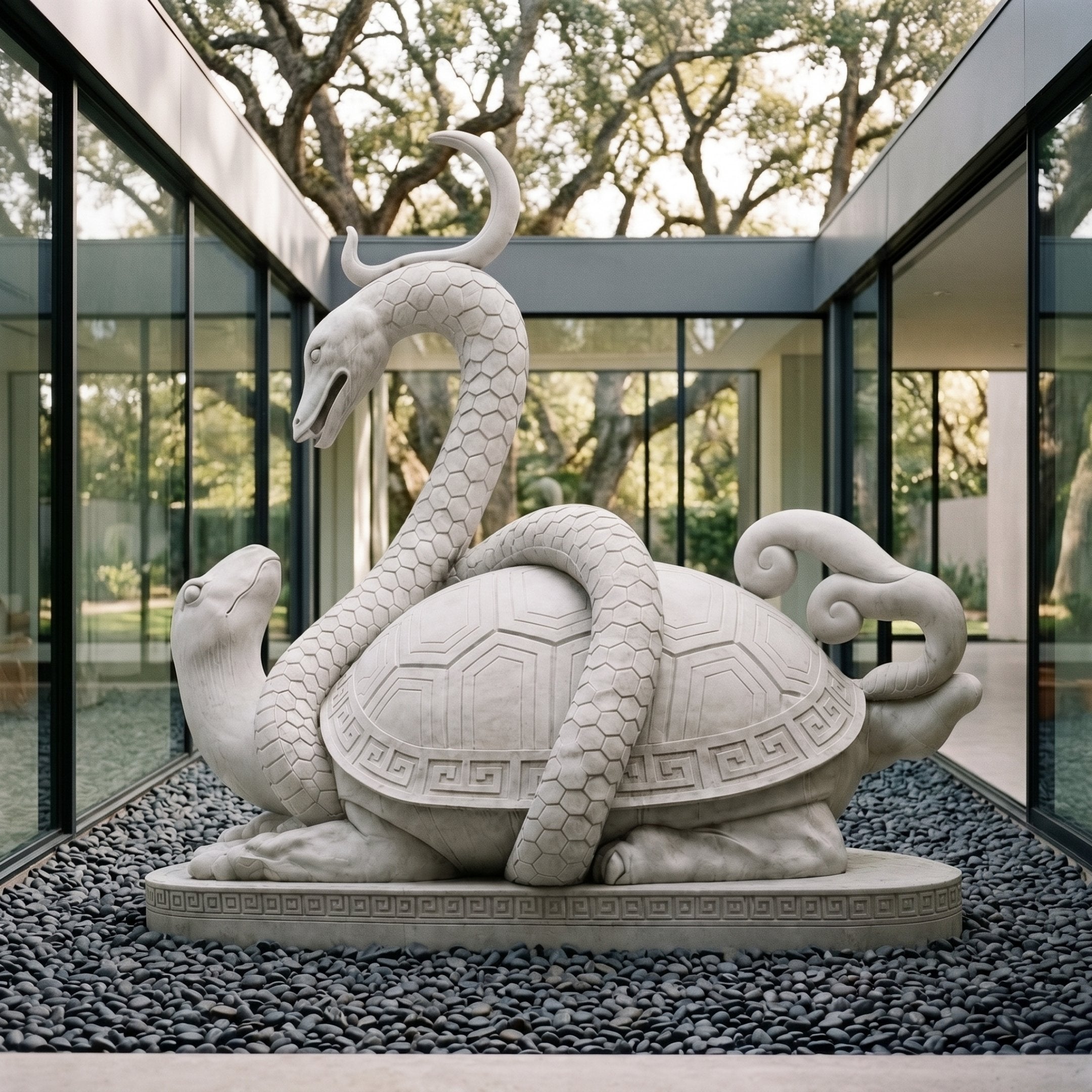 Snake and Tortoise Marble Statue - 250cm, white marble sculpture with coiled snake and panelled shell on a Greek key base, set in a glass-walled courtyard.