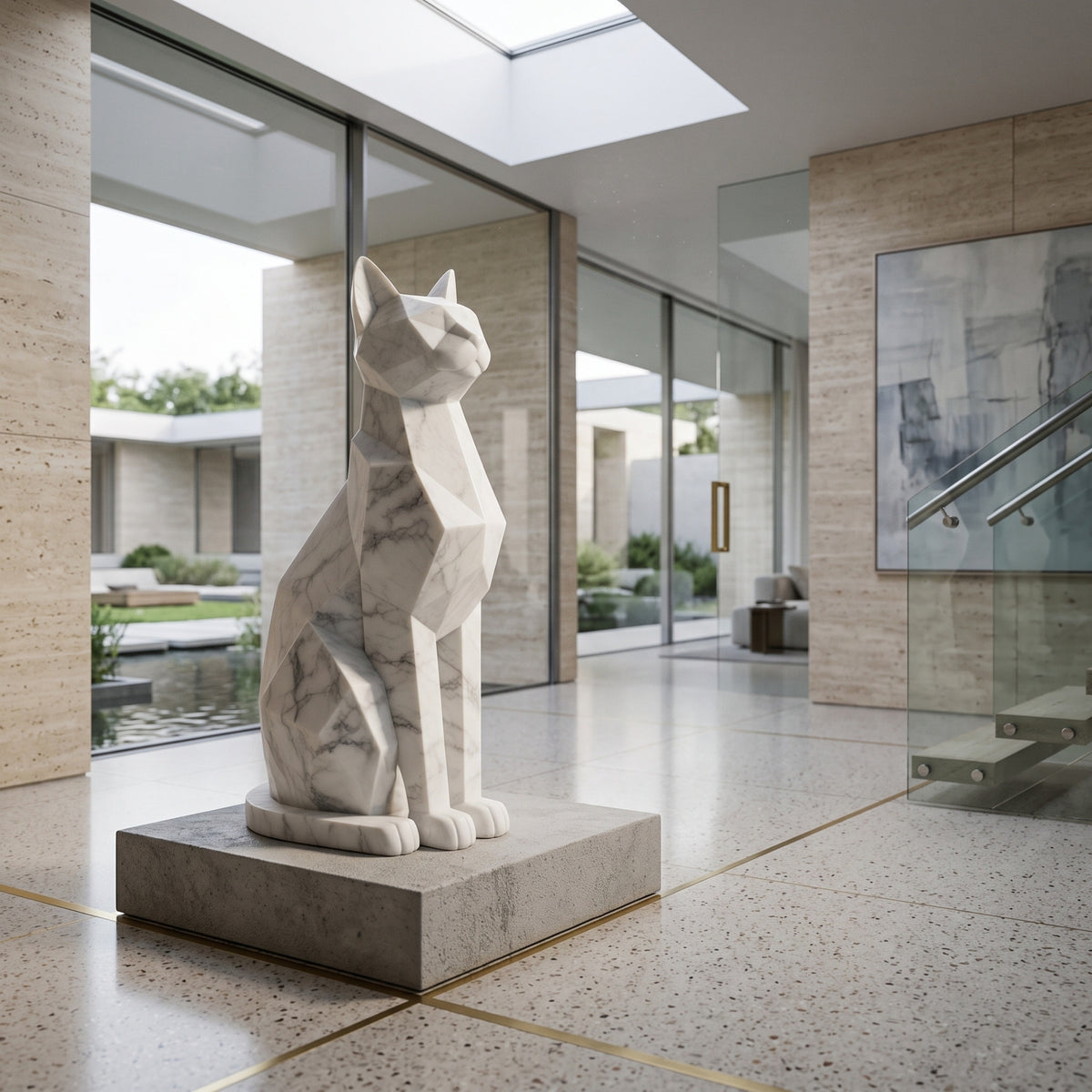 Faceted Cat White Marble Statue - 120cm by Giant Sculptures, sitting upright on a stone base in a modern glass-walled hallway with courtyard views.