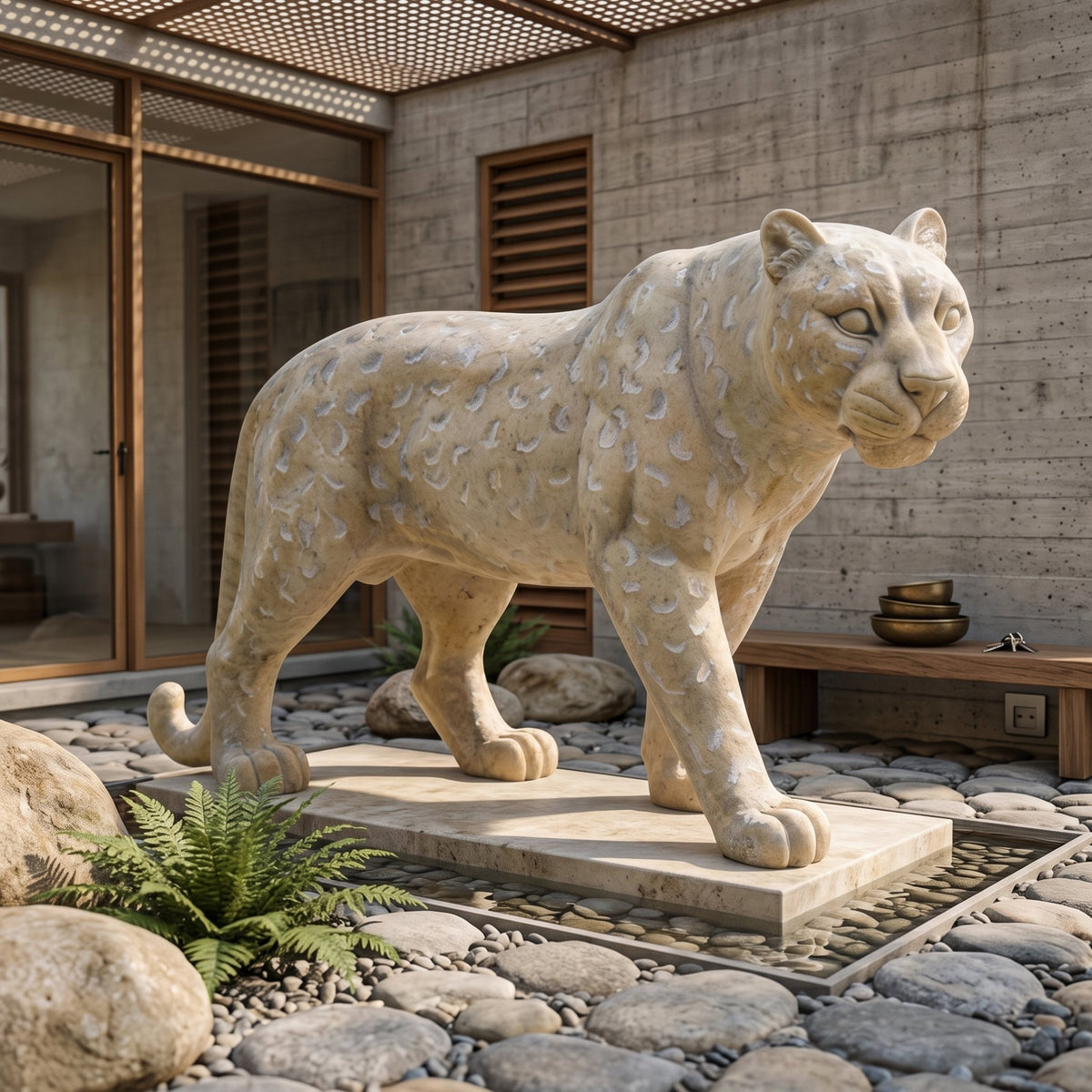 Walking Leopard Beige Marble Statue - 150cm, shown outdoors on a stone platform amid a pebbled courtyard, with rosette spots detailed across its cream-toned coat.
