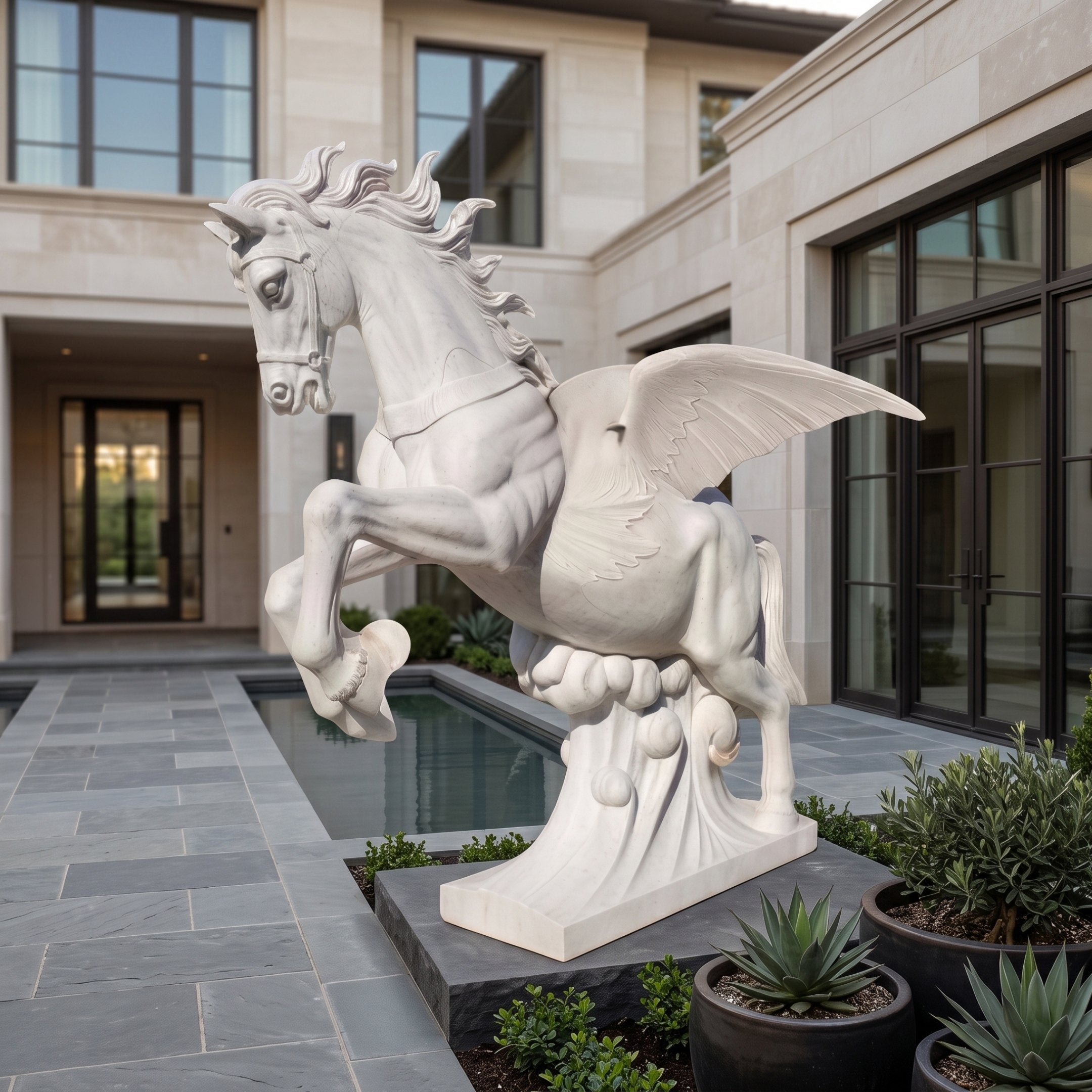 Pegasus on Carved Cloud Marble Statue - 250cm, white marble winged horse rearing on a carved cloud base, displayed in a courtyard beside a pool.