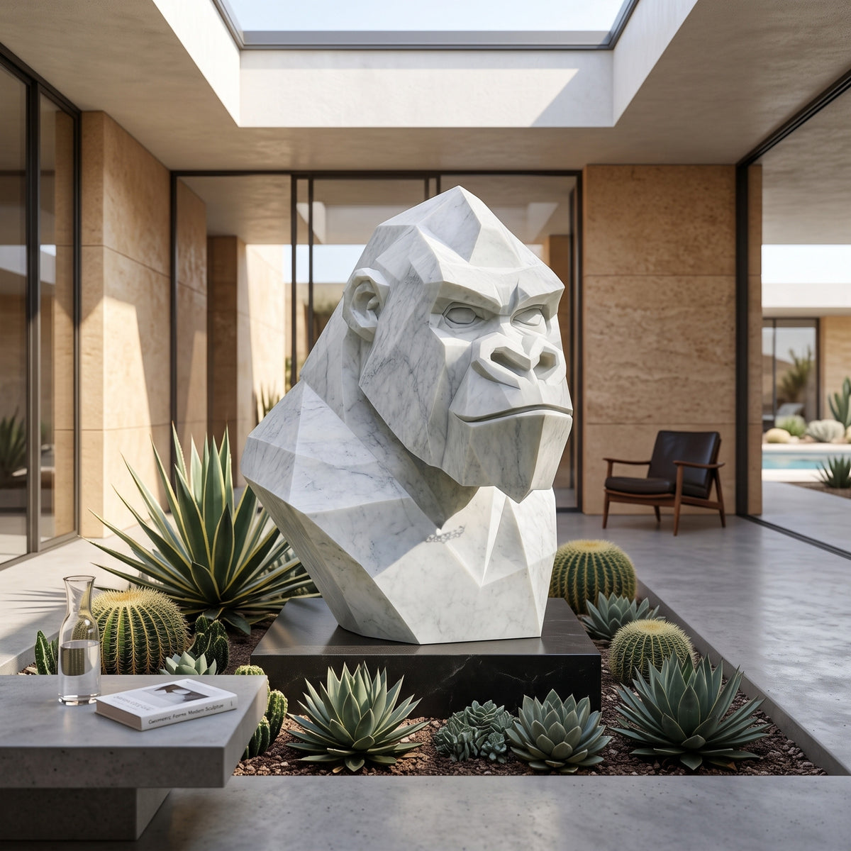 Faceted Gorilla Head Marble Bust - 120cm in white and grey marble on a black plinth, displayed in a courtyard among cacti and agave near glass doors.