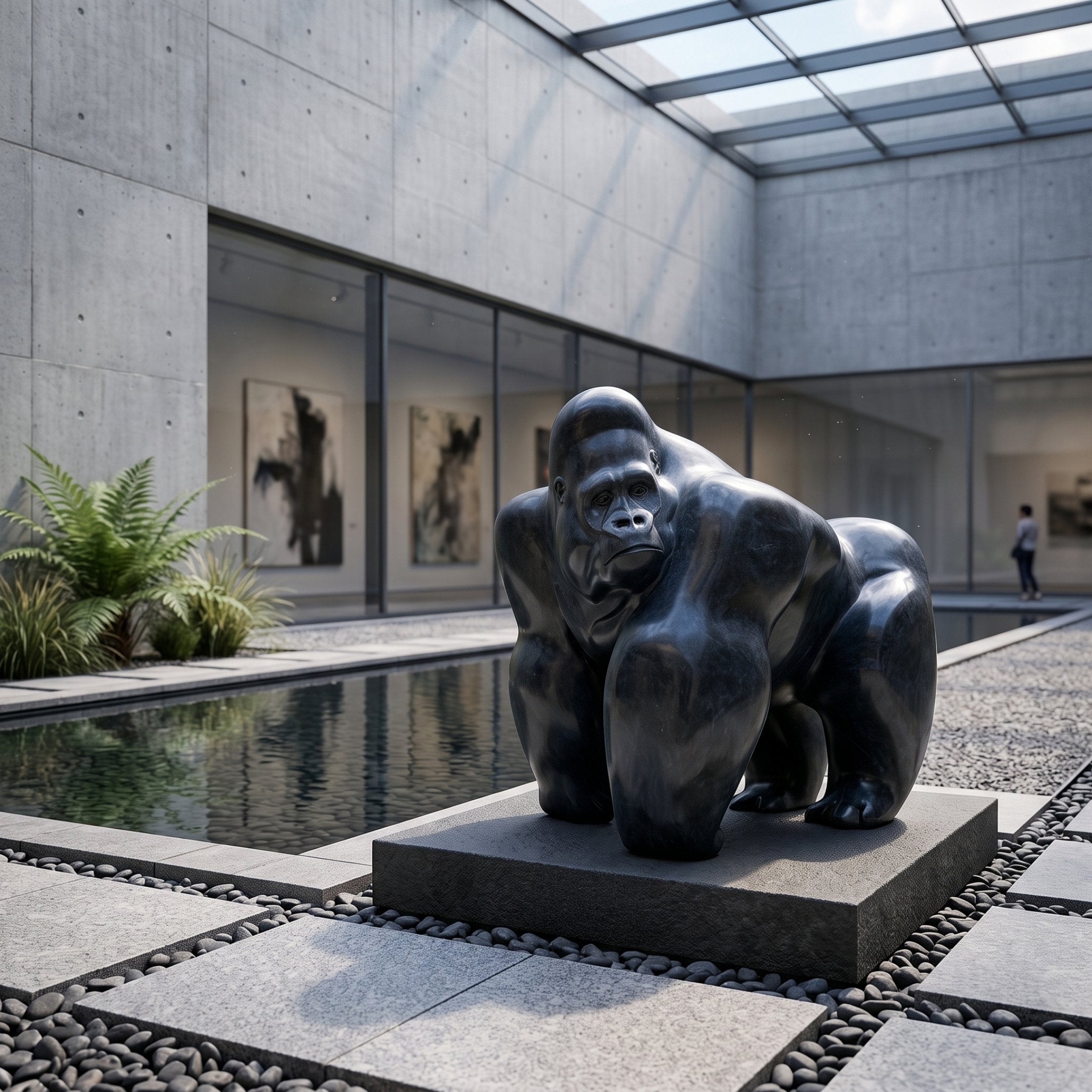 Standing Gorilla Black Marble Statue - 200cm displayed on a stone plinth in a courtyard with a reflecting pool, glass walls, and framed art visible behind it.