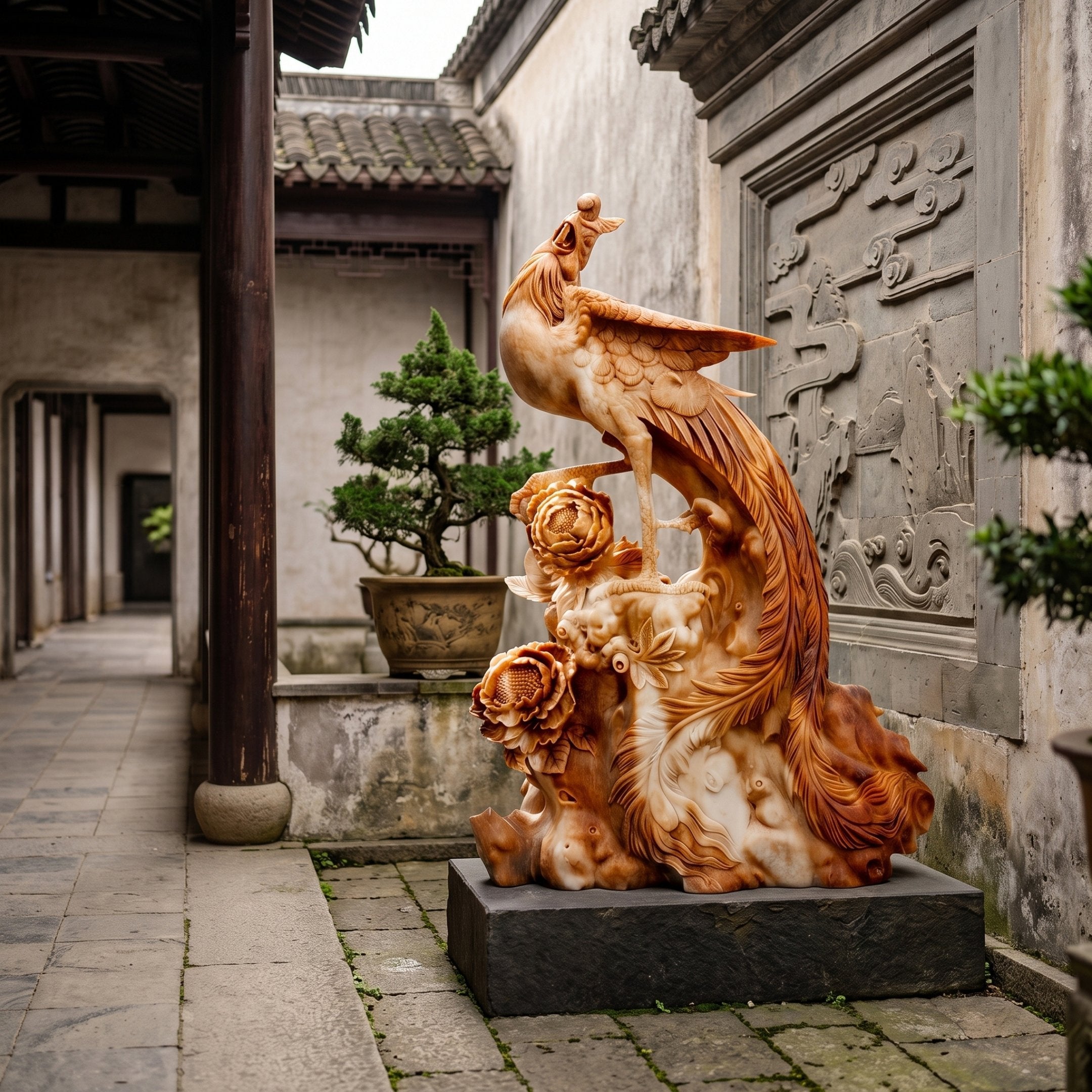 Phoenix on Peony Rockwork Marble Statue - 220cm, carved in brown and cream tones with head turned back and tail sweeping over peony blossoms, set on a dark base in a courtyard.