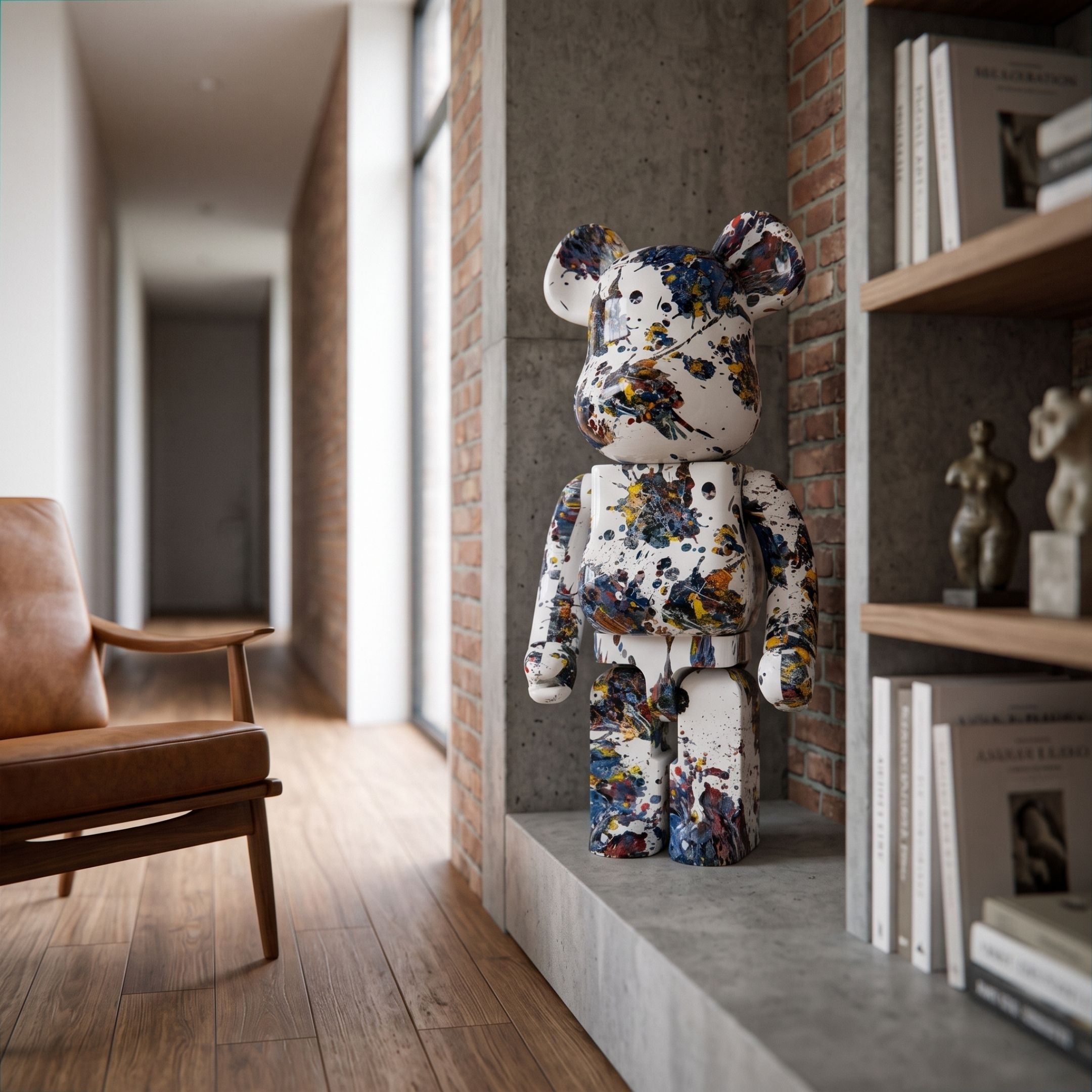 Paint Splatter Bear Sculpture - 70cm in multicoloured splatter finish on white, displayed on a concrete shelf beside a brick wall and bookshelf.
