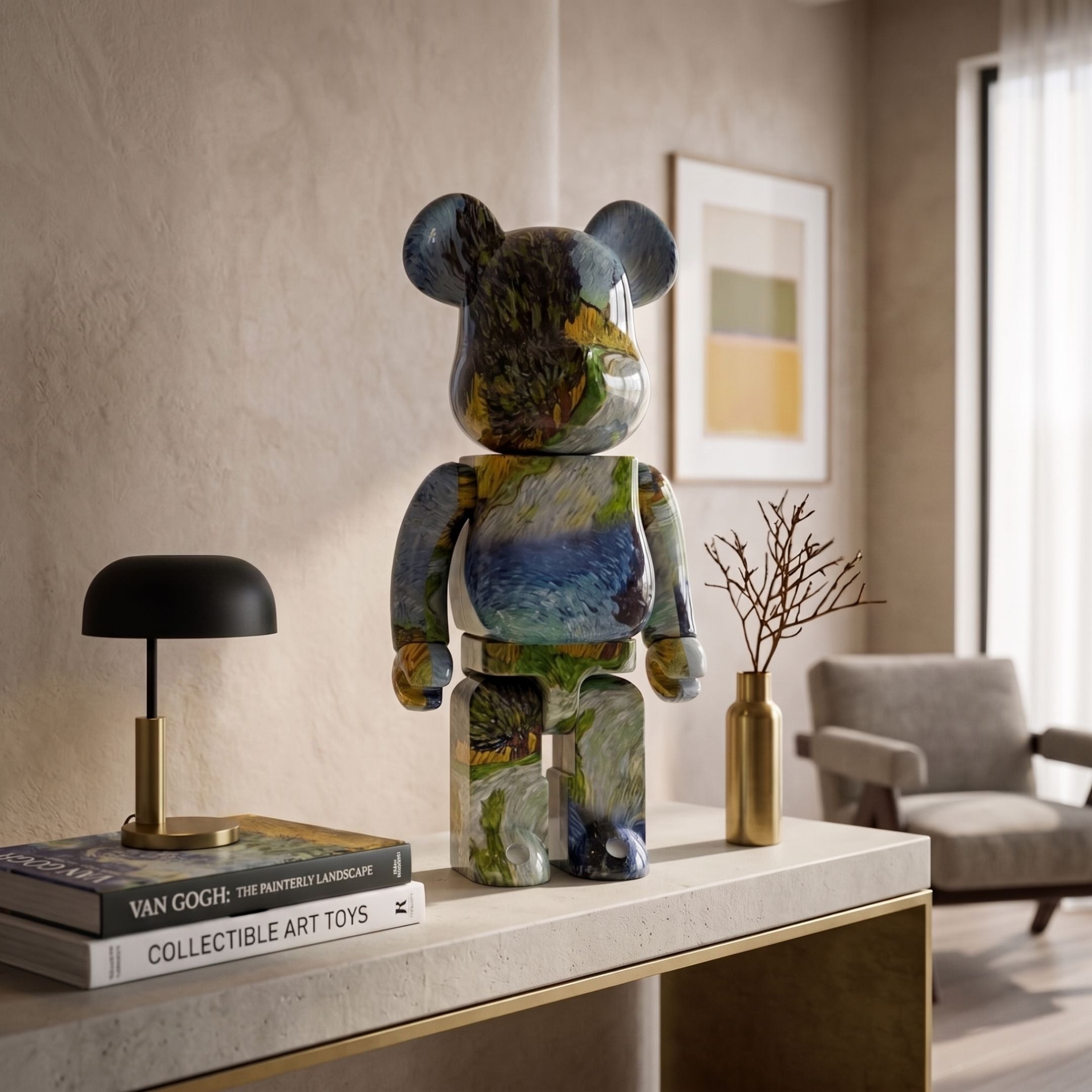 Painterly Landscape Bear Sculpture - 70cm in glossy multicoloured resin with swirling brushstroke patterns, displayed on a console table beside books and a lamp.