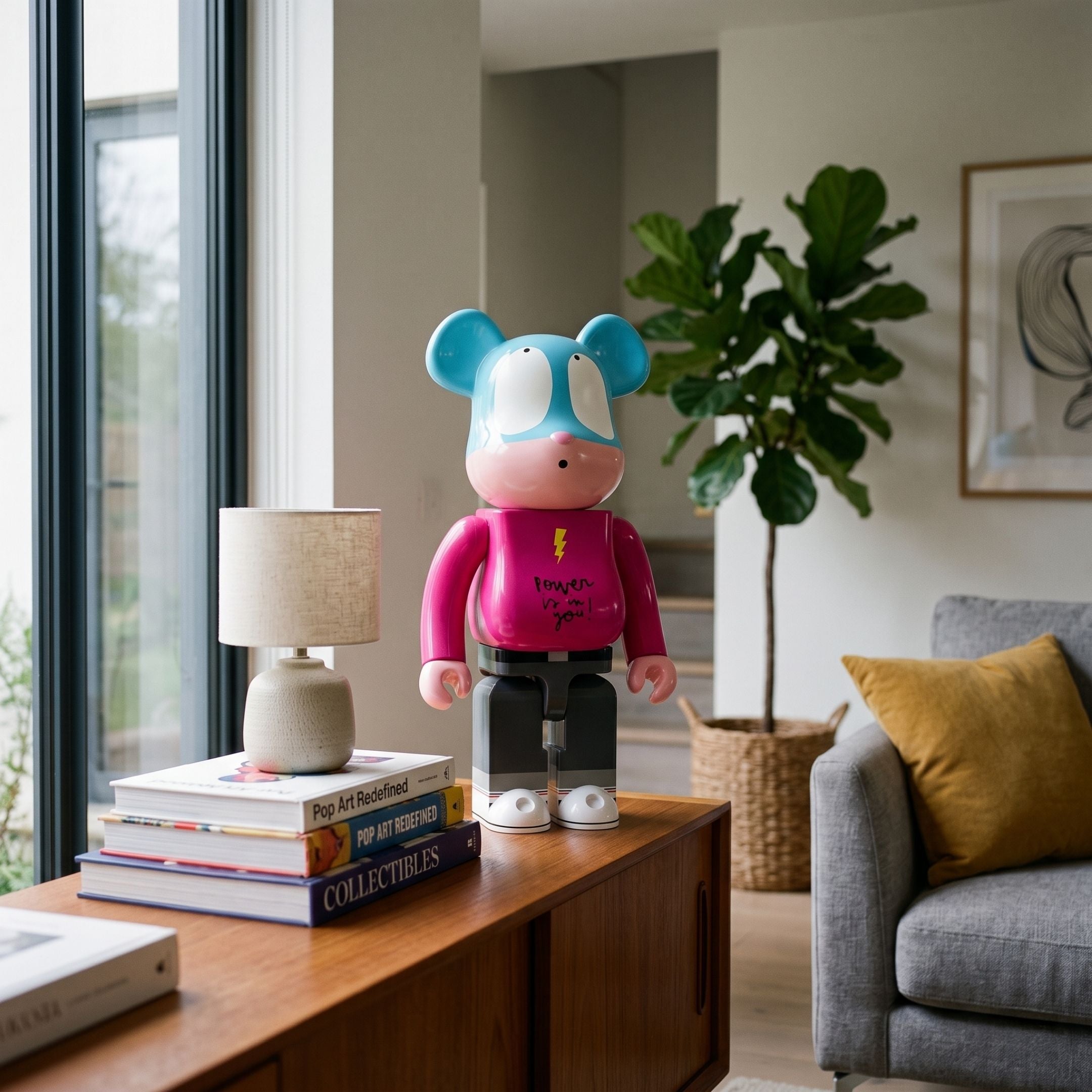 Power Surge Pop Bear Sculpture, 70cm, blue head and magenta "Power is in you!" shirt in glossy resin, displayed on a wooden sideboard in a living room.
