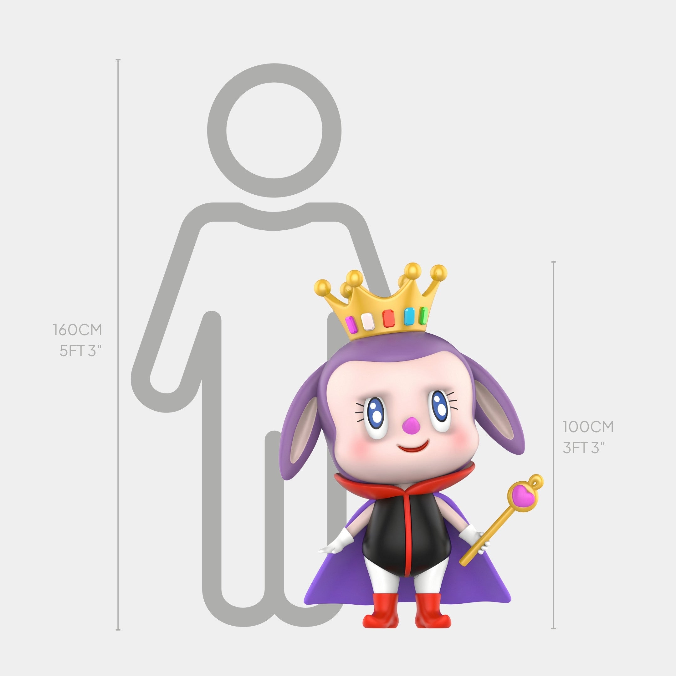 The Space Pato Princess Labubu Sculpture by Giant Sculptures is a 100cm tall fibreglass figure featuring a crowned cartoon character in a purple cape with a scepter, shown next to a 160cm silhouette for scale.