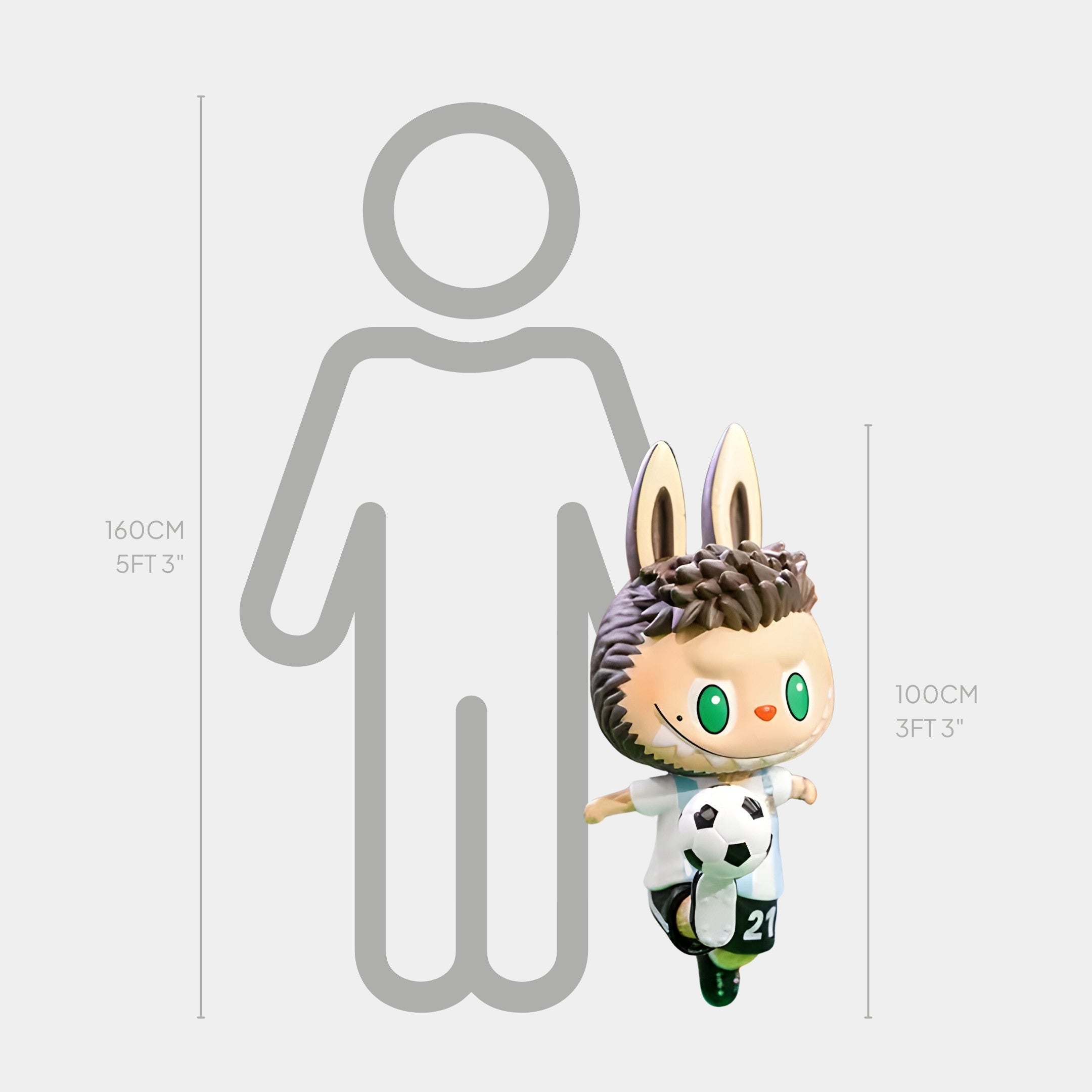 The Giant Sculptures World Cup No.21 Strike Labubu Sculpture (100 cm) stands in a soccer theme next to a 160 cm human outline, showcasing the height difference between the 1 m bunny figure and an average adult.