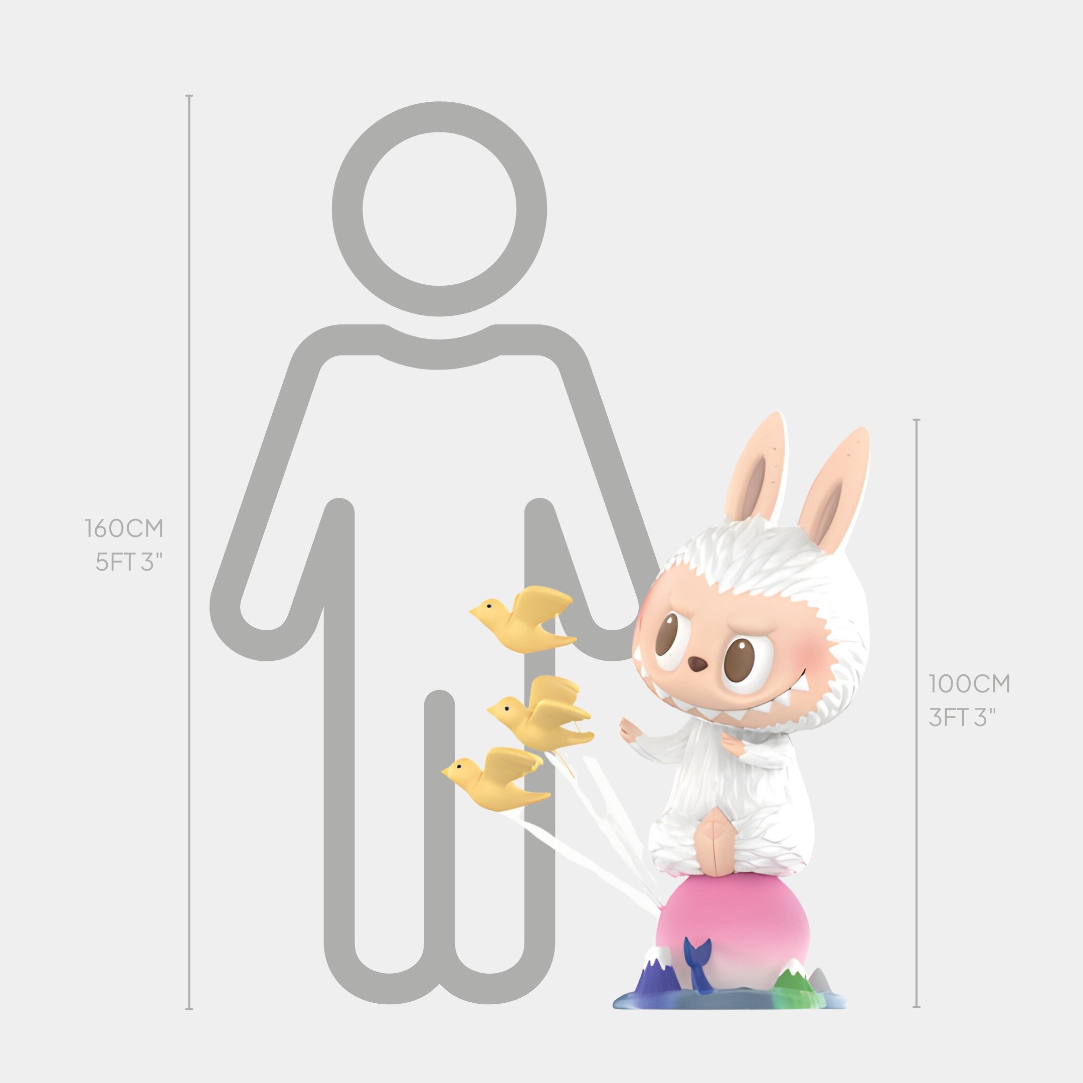 The Peach Fruit Labubu Sculpture - 100cm by Giant Sculptures features a cute figure in a white bunny suit on a pink sphere with colorful rocks, reaching for yellow birds—perfect art for your space and stands impressively next to a 160 cm outline.