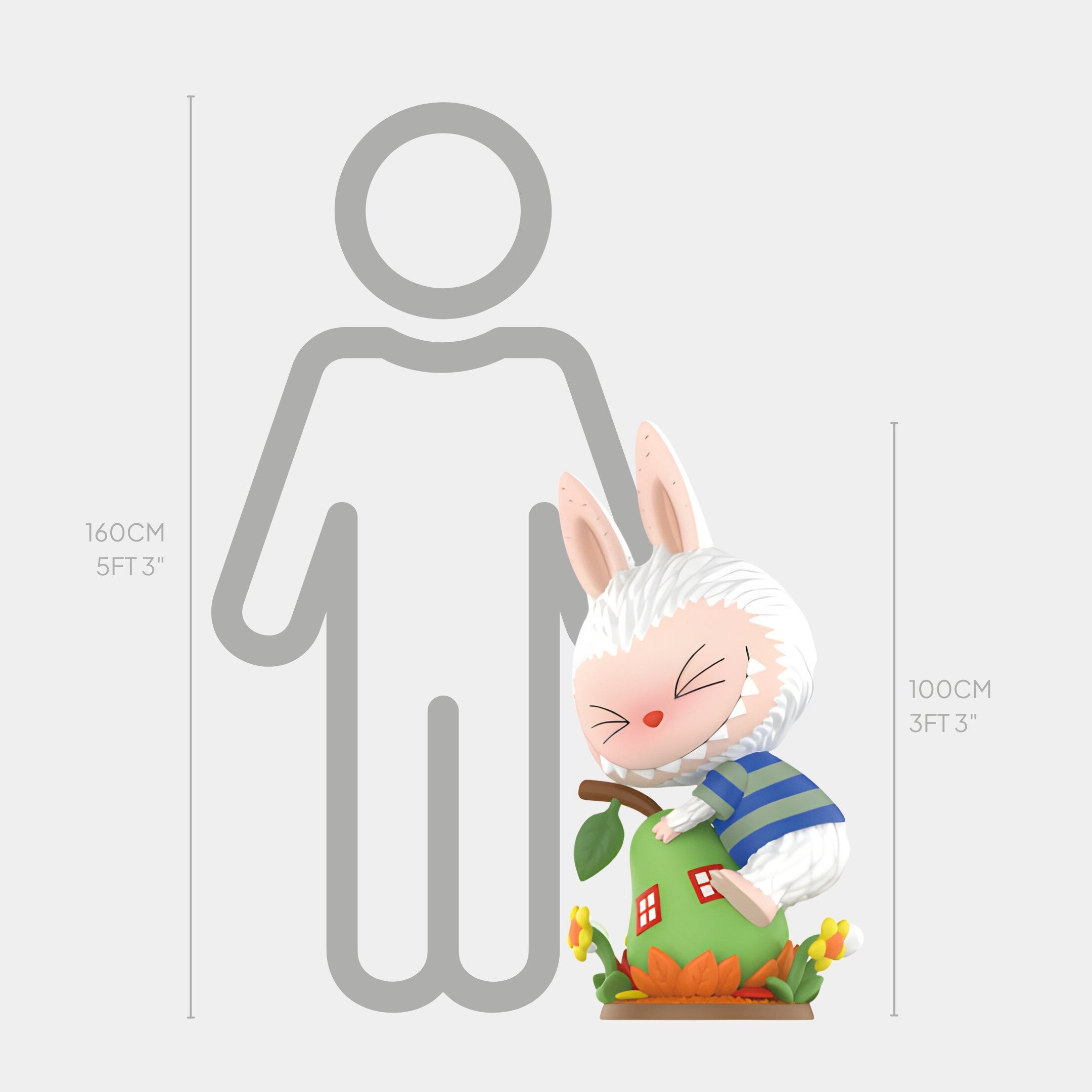 The Pear Fruit Labubu Sculpture - 100cm by Giant Sculptures features a charming white bunny with closed eyes and pink ears leaning on a green apple house amid grass and flowers, standing beside a 160 cm human silhouette for scale.
