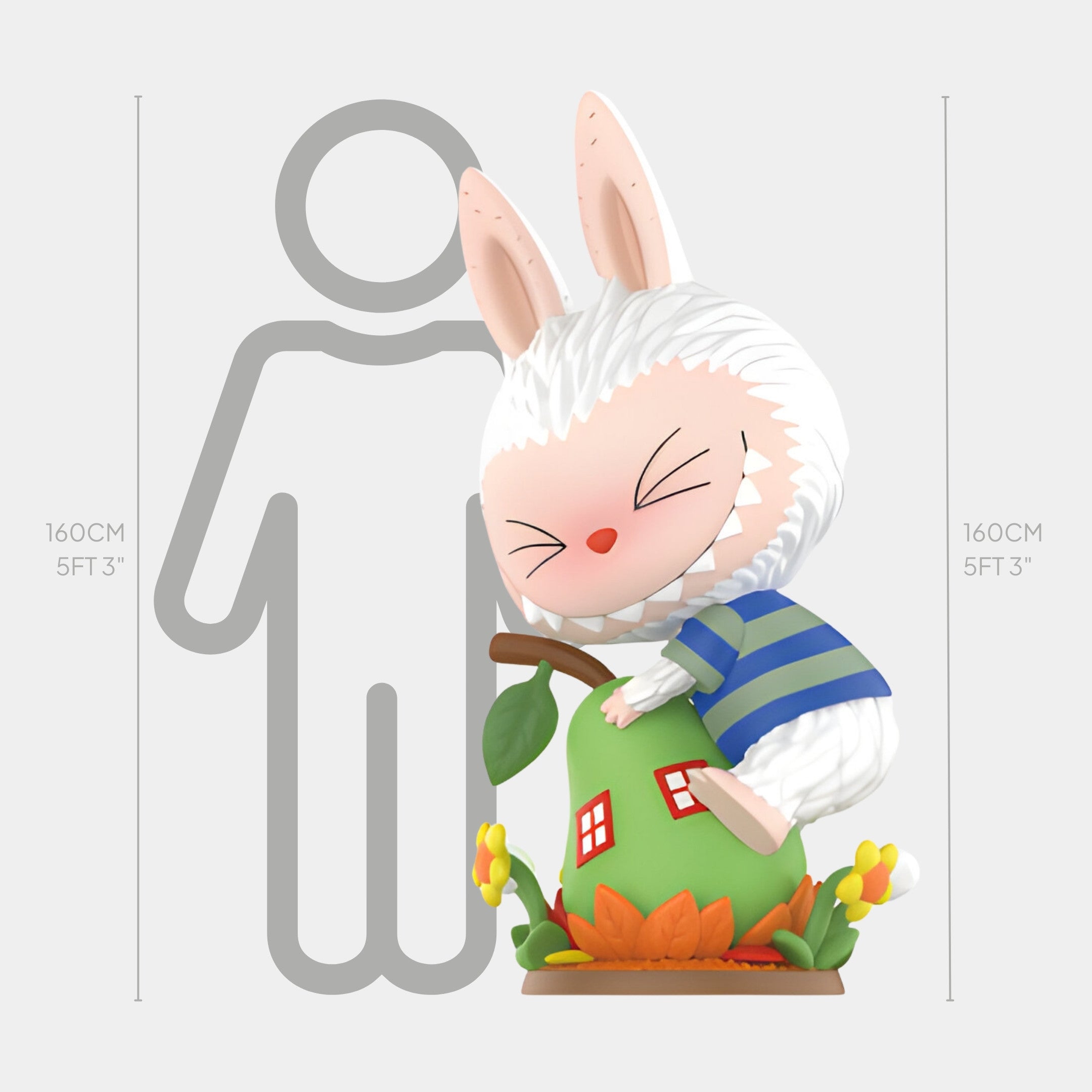 The Pear Fruit Labubu Sculpture by Giant Sculptures features a charming bunny in a blue-striped shirt hugging a green house, surrounded by flowers. This striking 160cm fiberglass piece stands before a height chart for playful appeal.