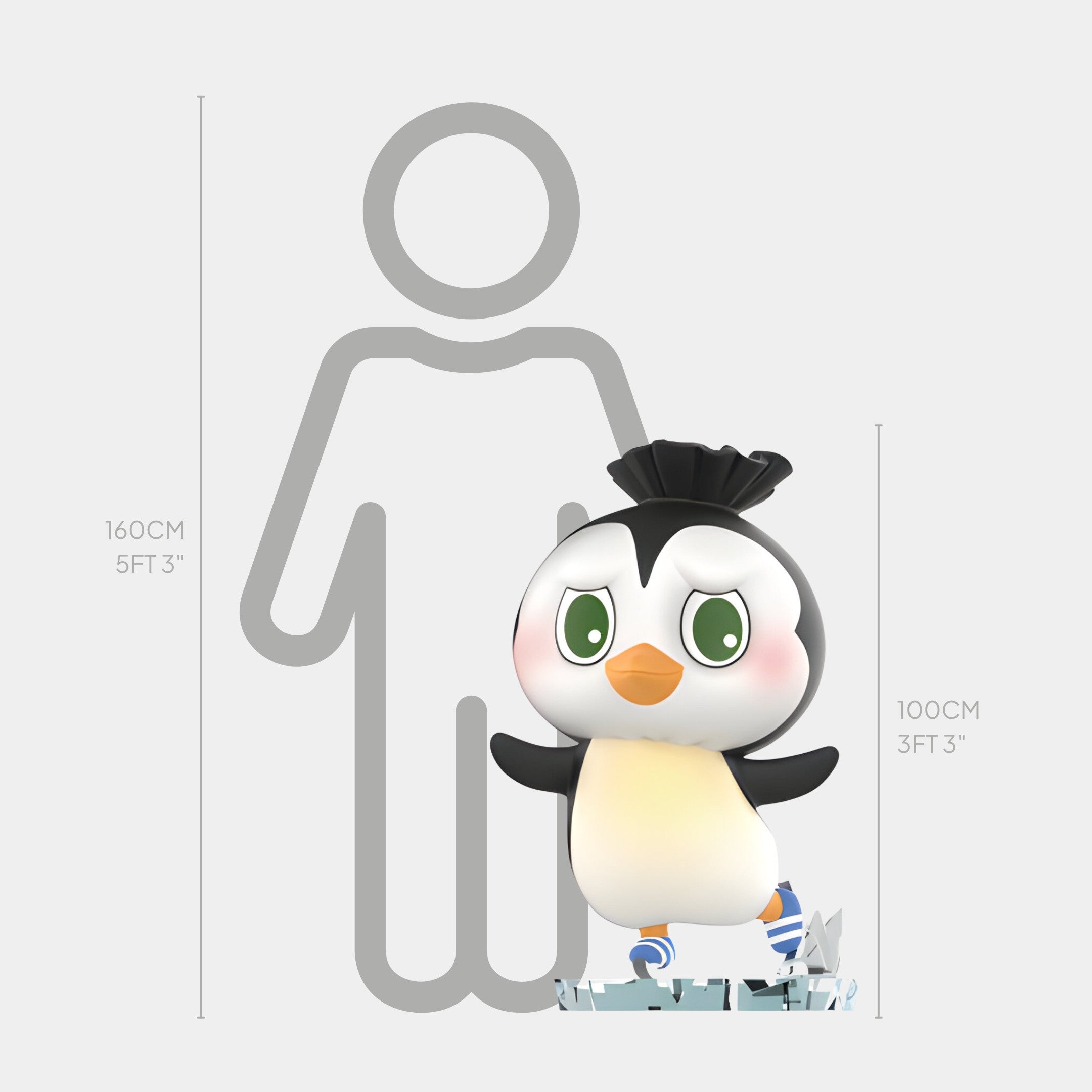 The Animal Penguin Labubu Sculpture - 100cm by Giant Sculptures features a cute cartoon penguin with big green eyes, orange feet, and blue ice skates. Ideal as an indoor art figure, it’s shown beside a human for scale.