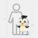 The Animal Penguin Labubu Sculpture - 100cm by Giant Sculptures features a cute cartoon penguin with big green eyes, orange feet, and blue ice skates. Ideal as an indoor art figure, it’s shown beside a human for scale.