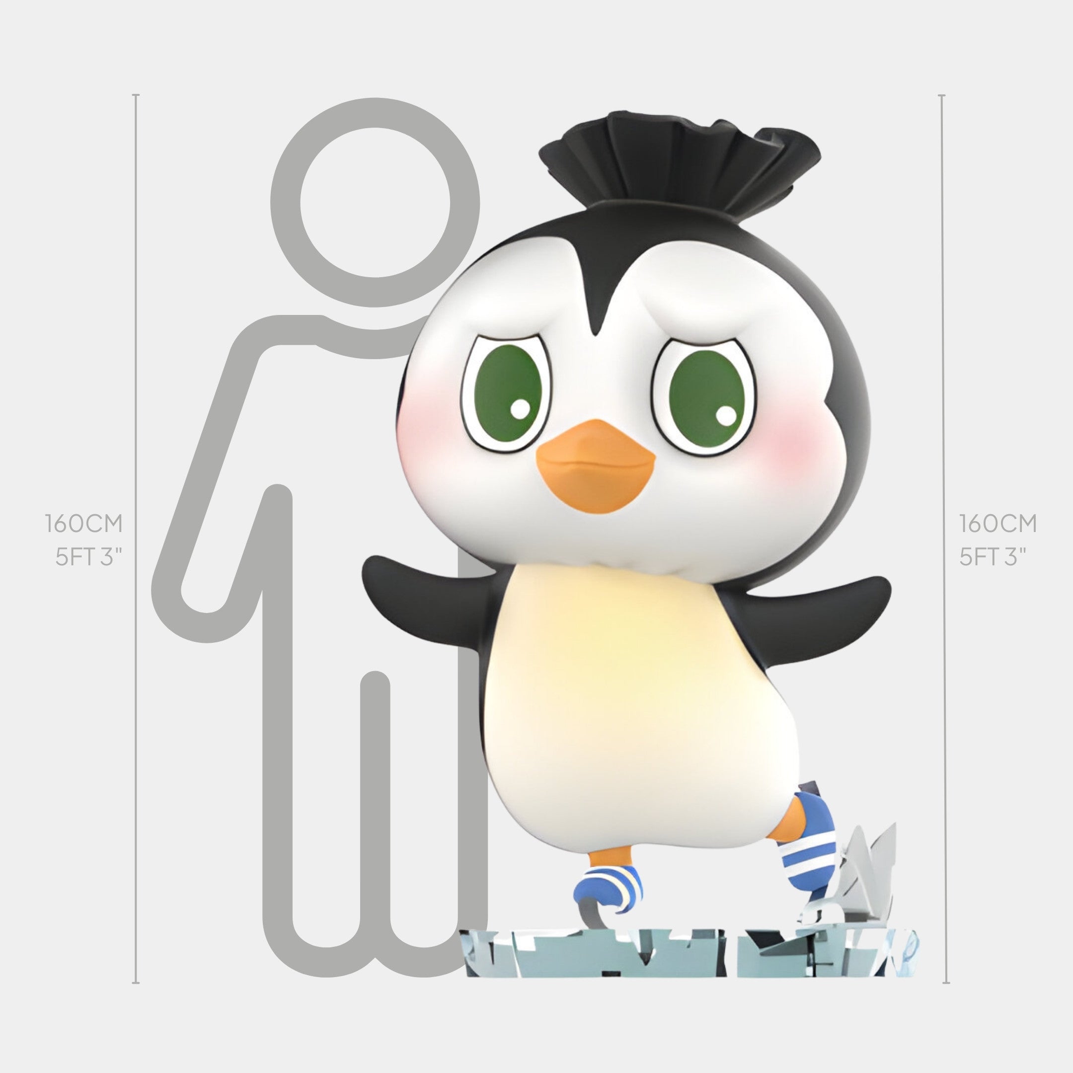 The Giant Sculptures Animal Penguin Labubu Sculpture stands 160cm tall, next to a human silhouette for scale. This cute winter display features big green eyes, a tuft on its head, and blue-striped socks.