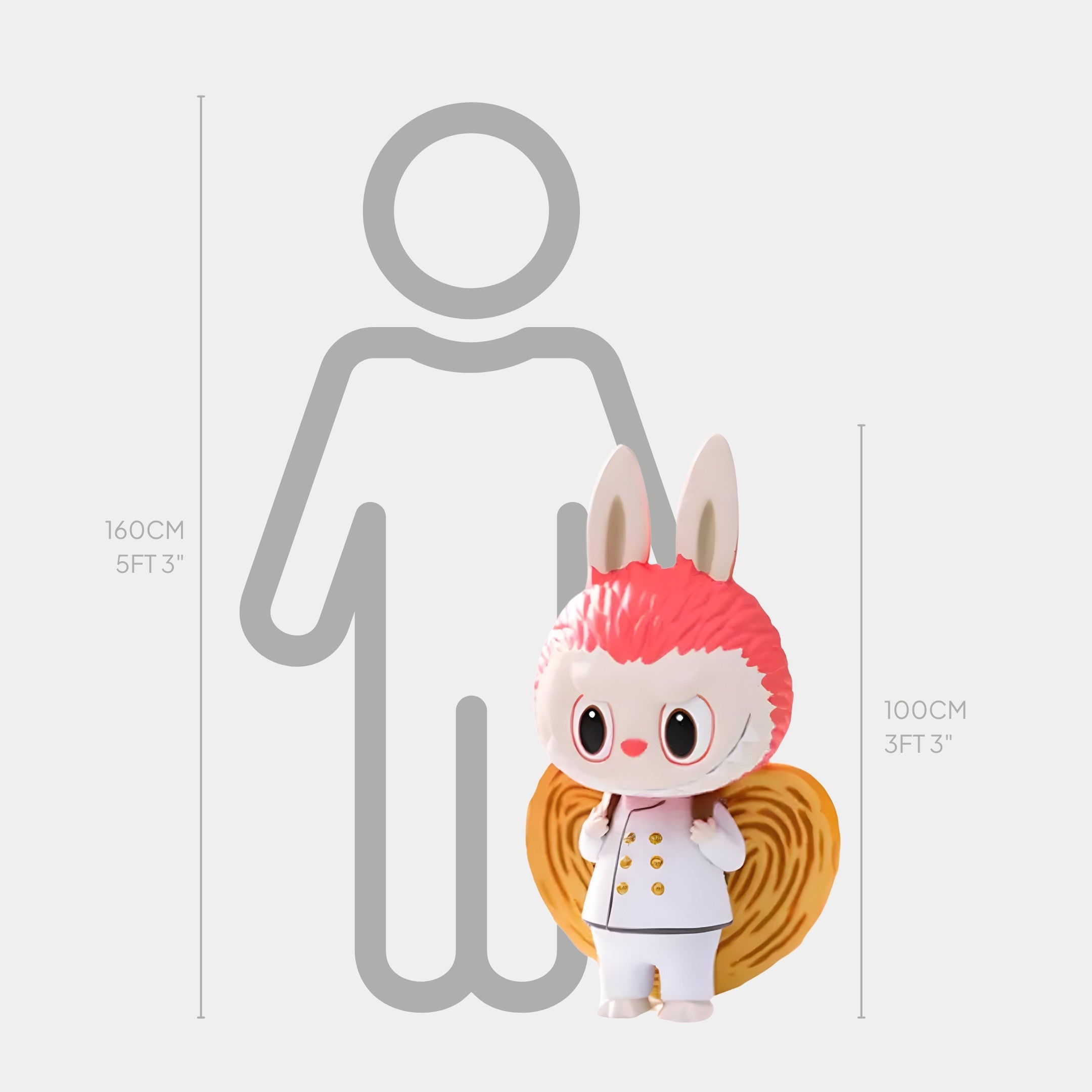 The Sweet Mischief Palmier Chef Labubu Sculpture by Giant Sculptures is a 100cm (3 ft 3 in) tall pink cartoon bunny with large ears and a white coat, shown beside a 160cm (5 ft 3 in) person outline. Made from vibrant fibreglass.