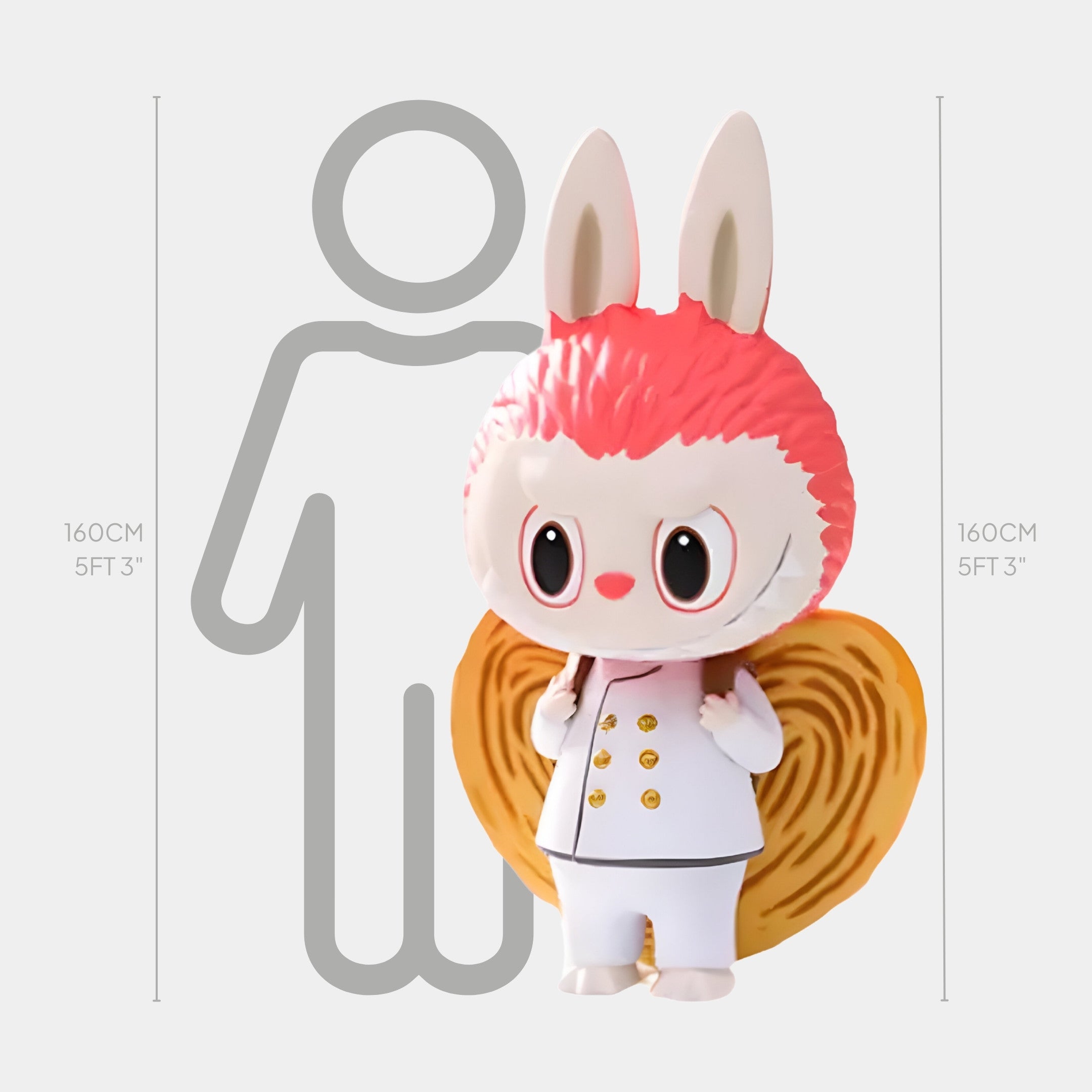 The Sweet Mischief Palmier Chef Labubu Sculpture by Giant Sculptures features a cute pink cartoon squirrel with a big bushy tail, standing 160cm (5ft 3in) tall—matching human height and resembling a playful dessert-inspired figure.