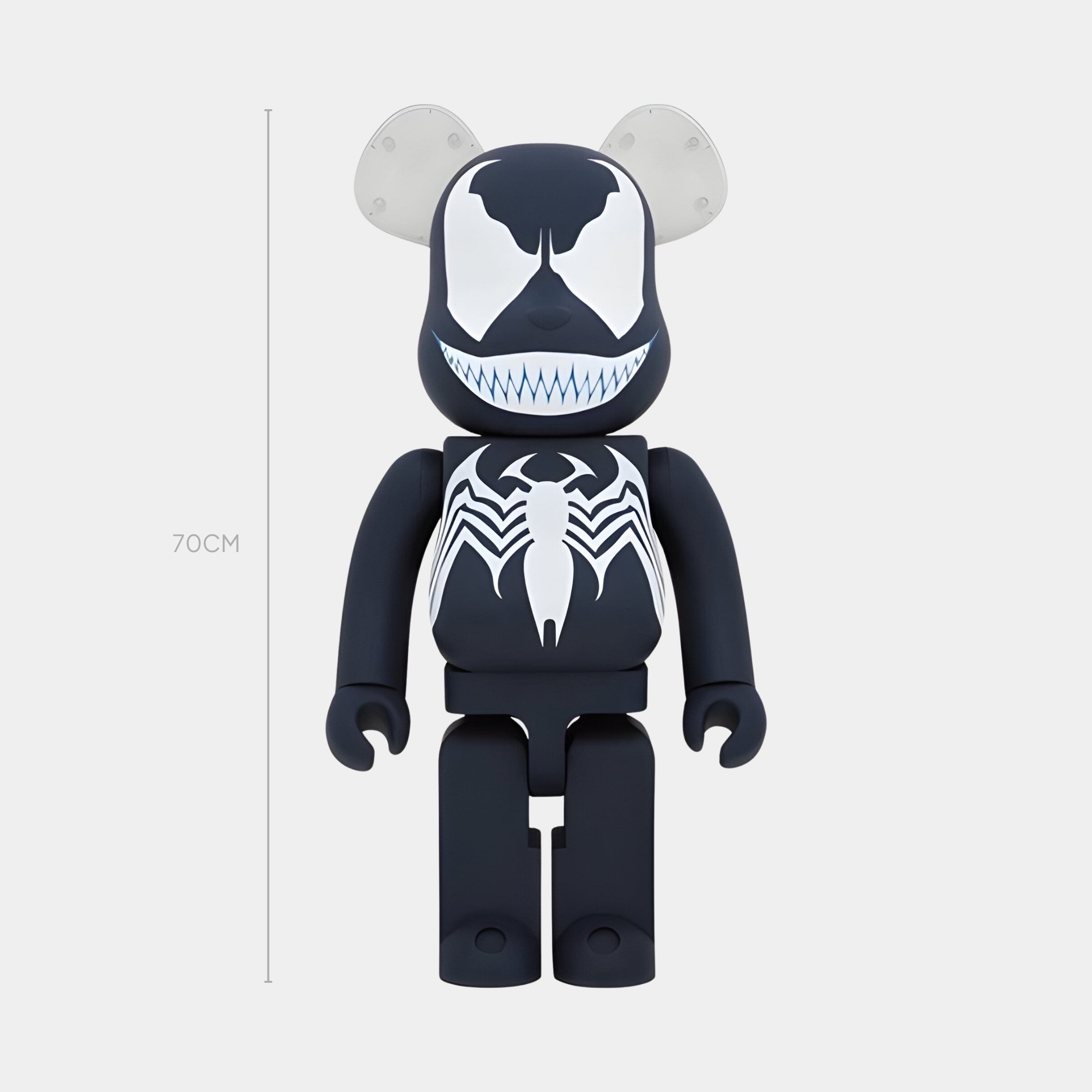 The Phantom Web Bear Sculpture - 70cm by Giant Sculptures has a midnight-black body with white spider and fanged face details, rounded ears, articulated limbs, and a UV-stable finish inspired by Marvel’s Venom.