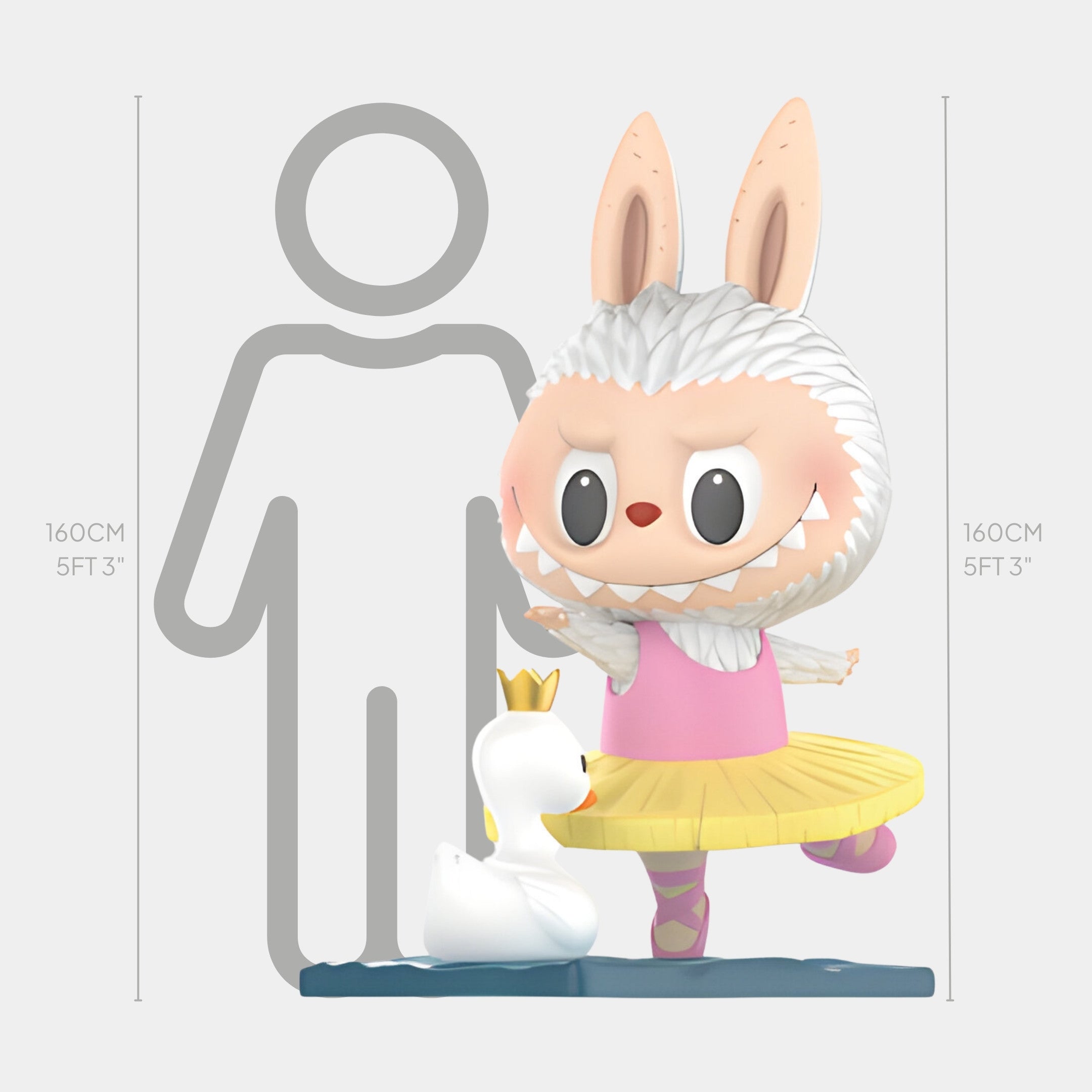 The Pineapple Fruit Labubu Sculpture - 160cm by Giant Sculptures features a bunny-costumed figurine in a pink dress with a swan in a gold crown. Crafted from fibreglass, it’s shorter than an average adult, as shown on the height chart.