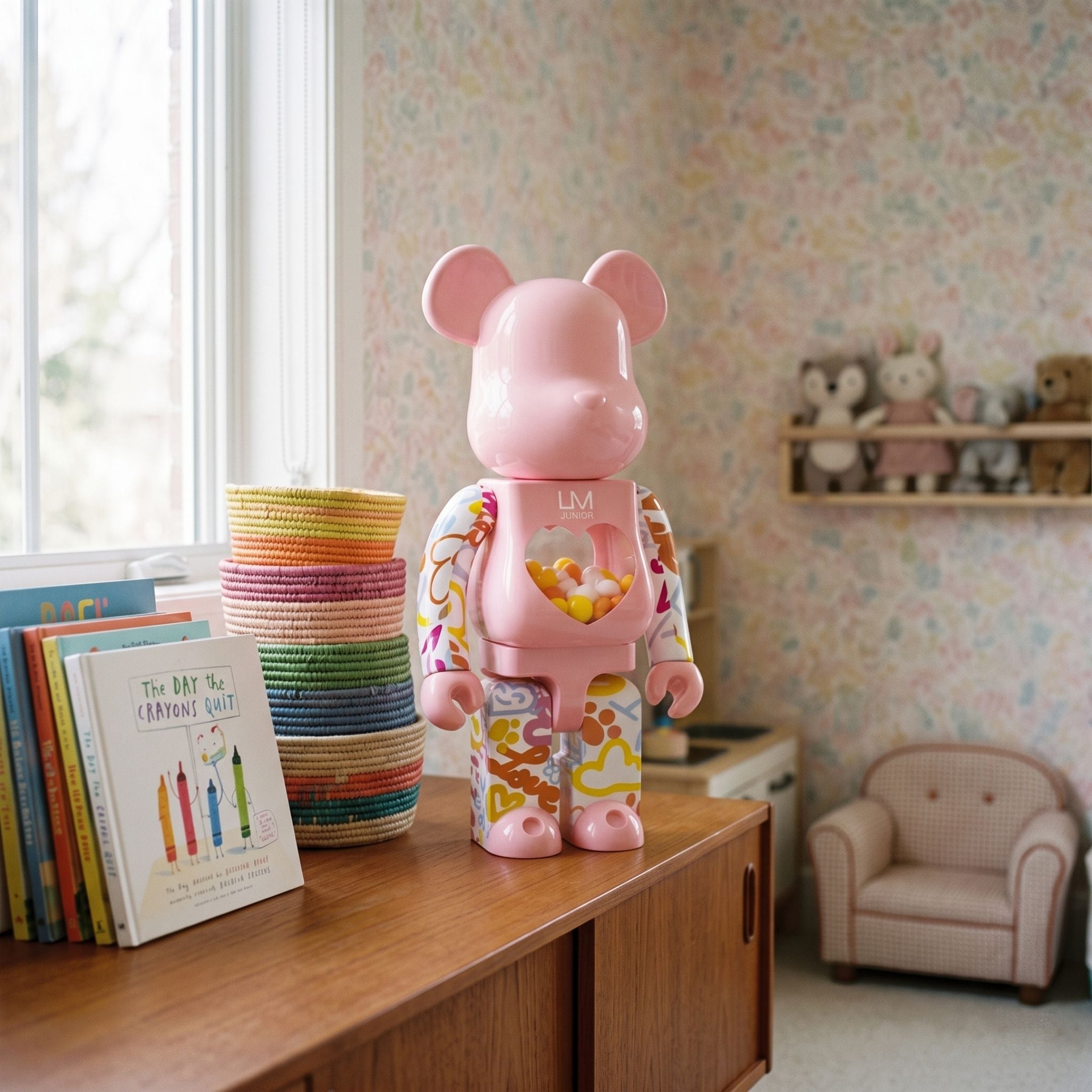 Pink Candy Doodle Bear Sculpture, 70cm, with doodle-patterned limbs and heart-shaped candy window, displayed on a wooden sideboard in a child's bedroom.
