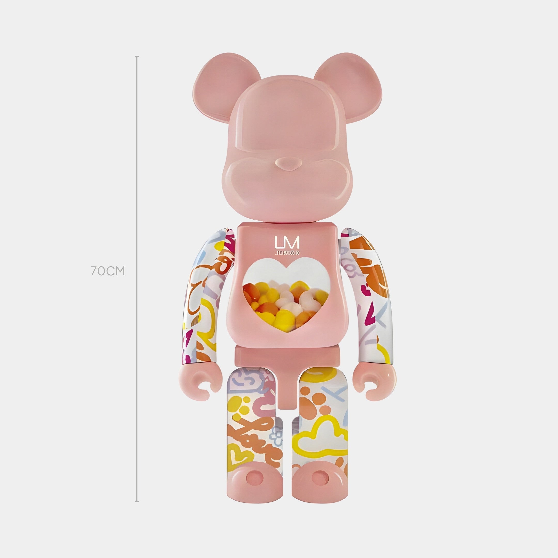The Pink Candy Doodle Bear Sculpture - 70cm by Giant Sculptures features a heart-window chest with colorful balls, multicolored abstract arms and legs, LM LUXURI on its chest, and is a unique limited edition piece.
