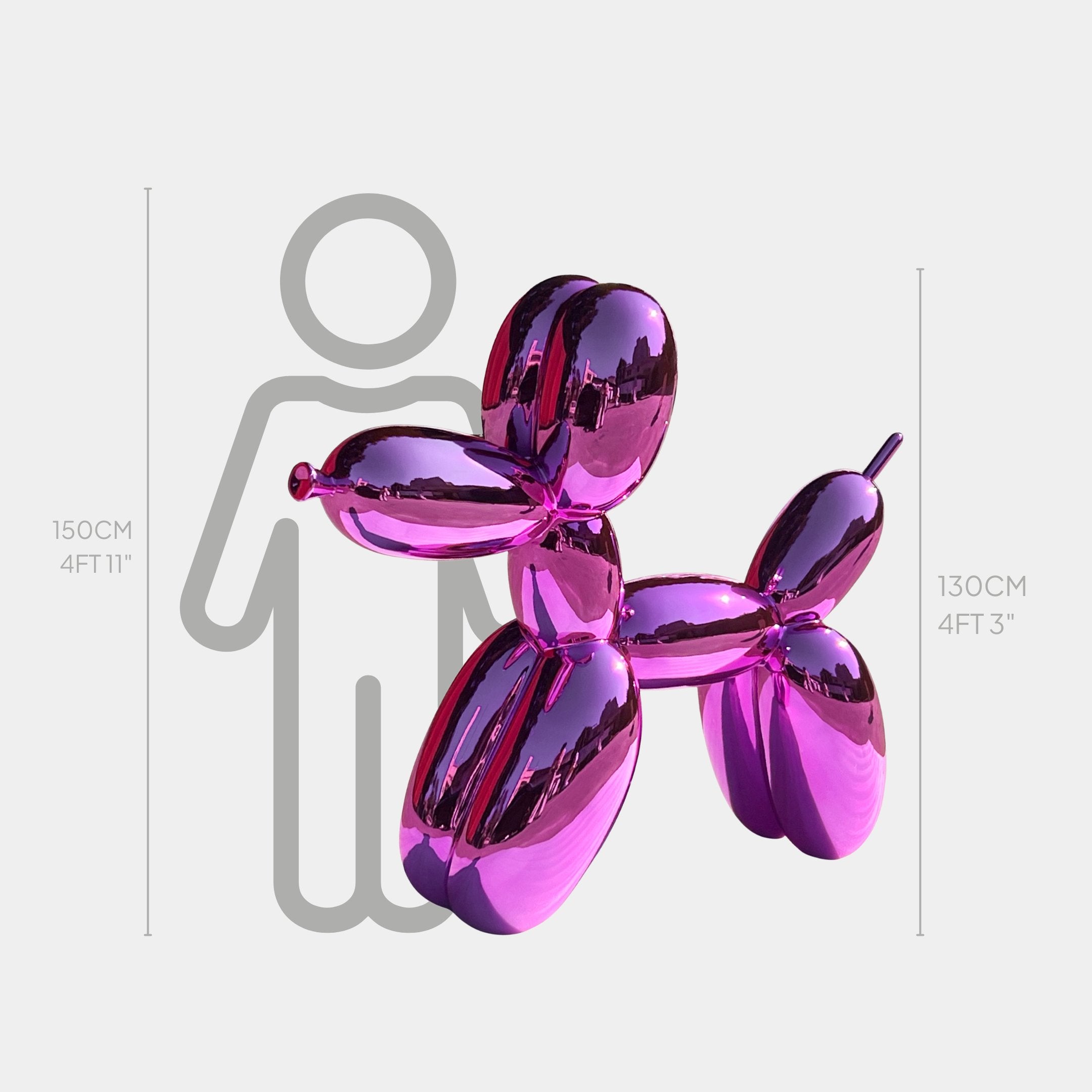 The Flamingo Pink Balloon Dog Sculpture - 130cm by Giant Sculptures stands beside a 150 cm (4 ft 11 in) human, showcasing its modern luxury pink design as a unique decor piece.