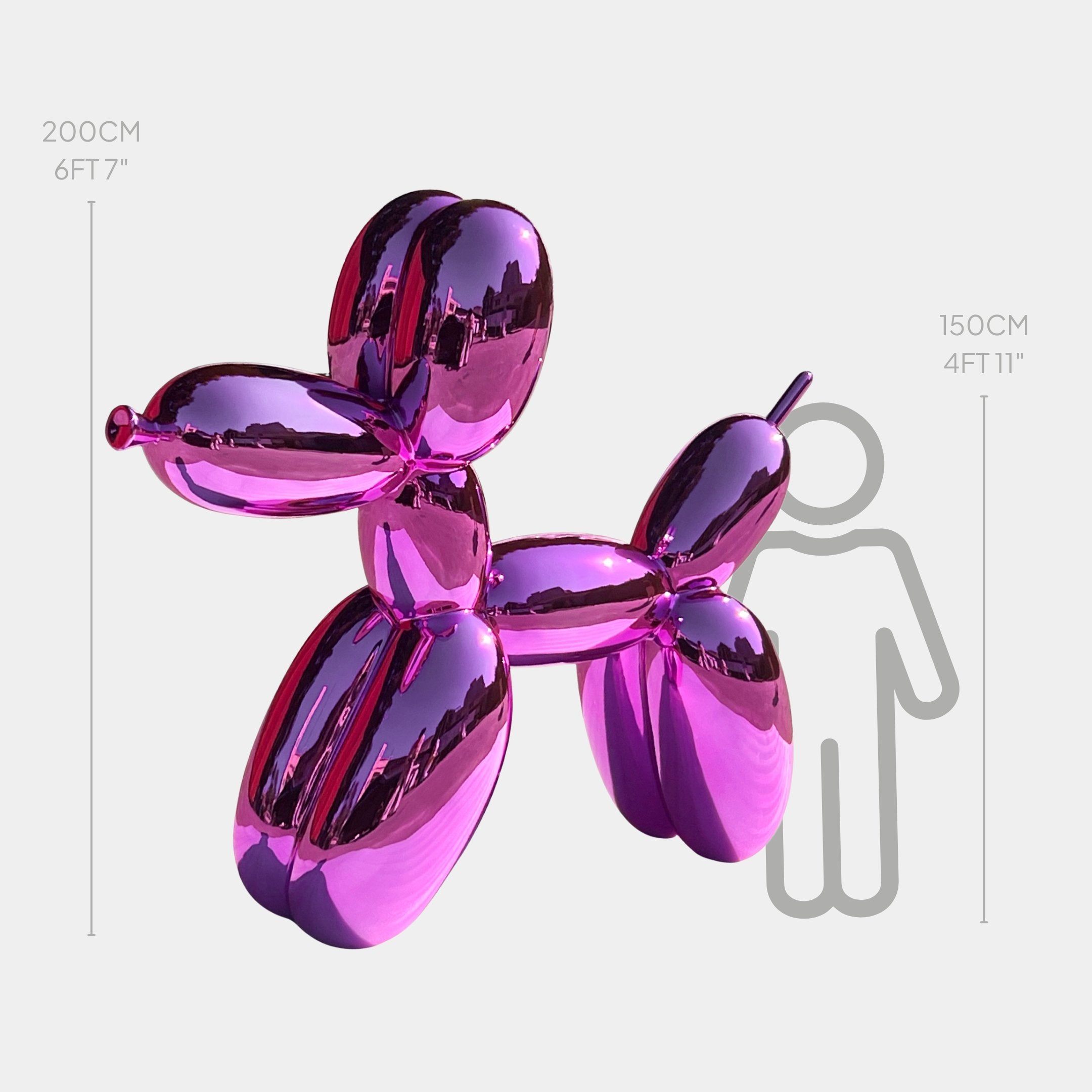 The Flamingo Pink Balloon Dog Sculpture - 200cm by Giant Sculptures, a bold modern art piece, stands beside a 150cm figure, showcasing its impressive height—perfect for adding vibrant style to any space.