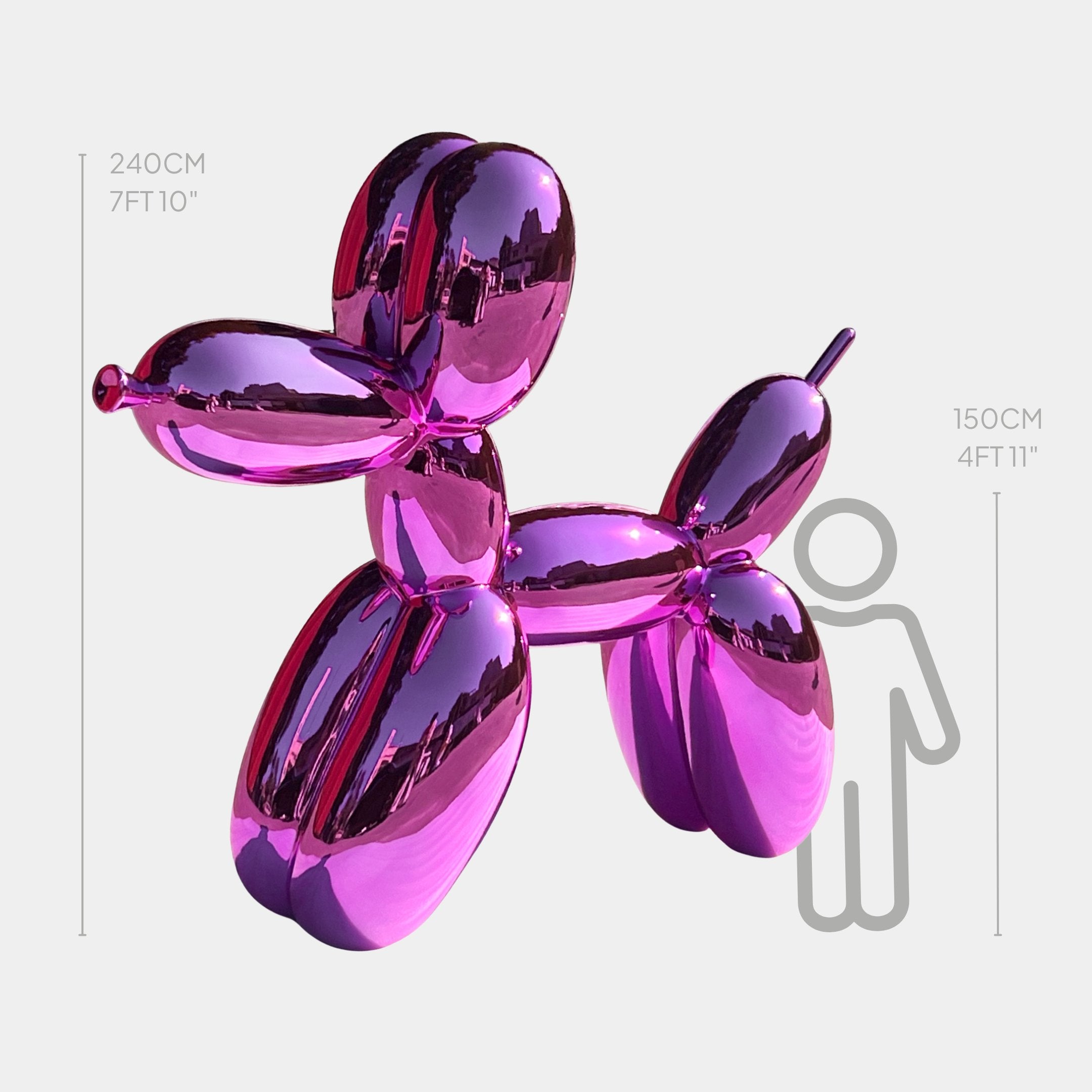 The Flamingo Pink Balloon Dog Sculpture - 240cm by Giant Sculptures stands beside a 150cm figure for scale, towering above with its modern, shiny design and bold contemporary presence.