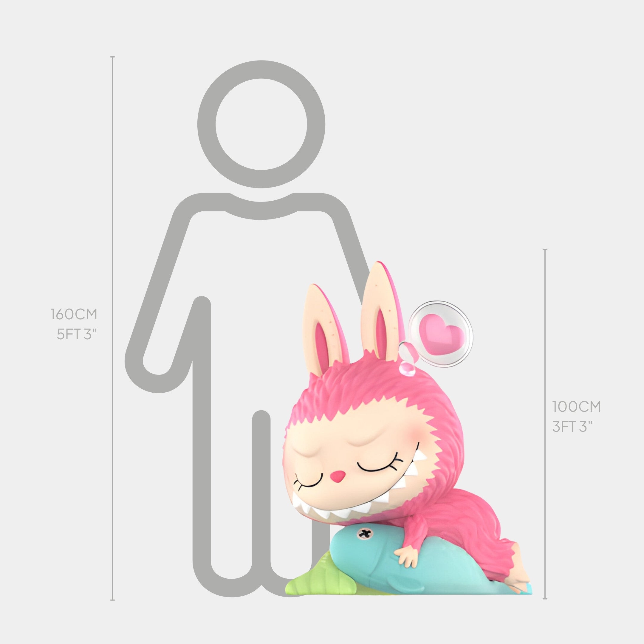 The Constellation Pisces Labubu Sculpture by Giant Sculptures is a 100cm pink, bunny-like figure with big ears and a wide grin, lying on a blue plush toy, eyes closed and a heart above its head, inspired by the Pisces constellation.