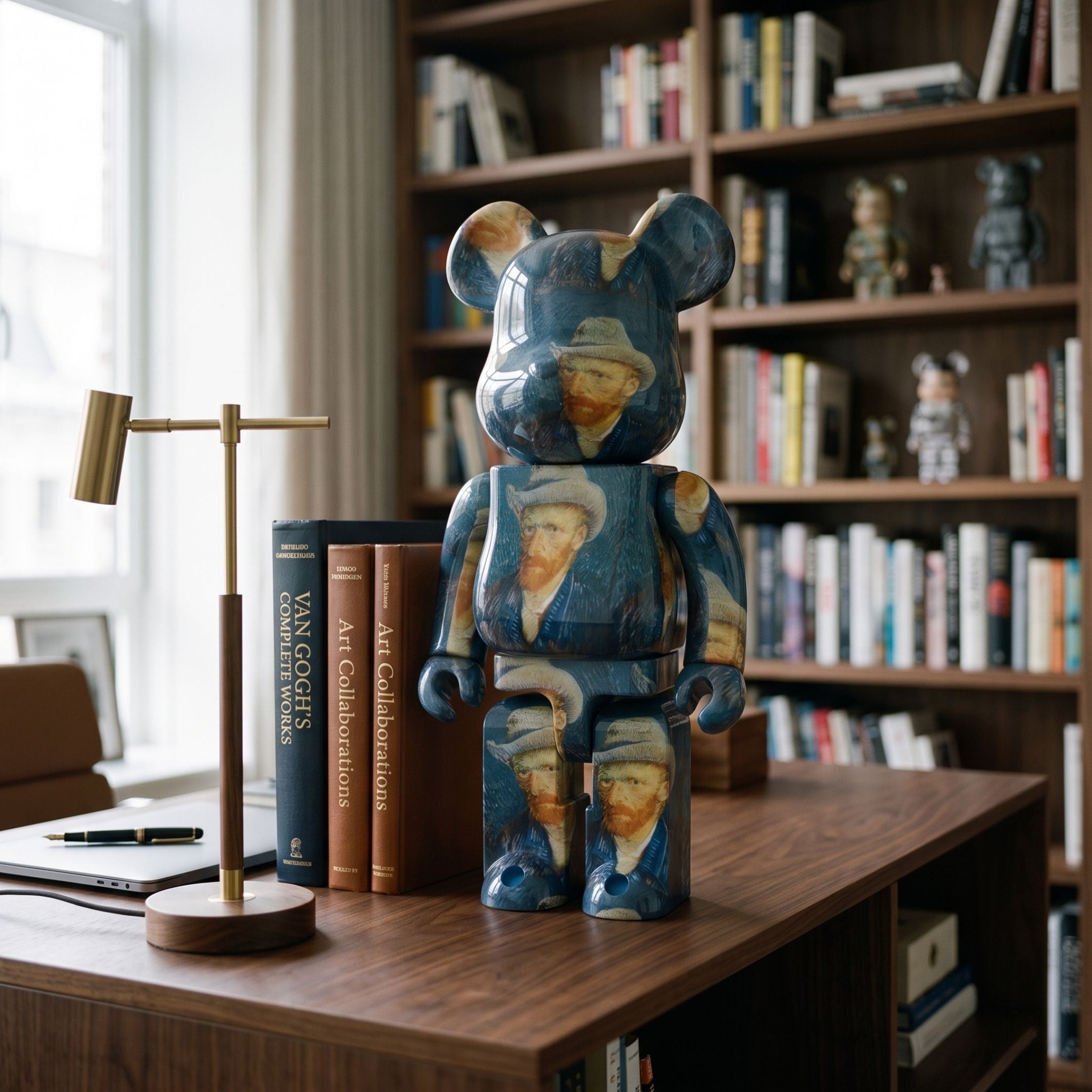 Portrait Bleu Art Bear Sculpture (70cm) by Giant Sculptures, blue resin bear printed with Van Gogh-inspired portraits, displayed on a wooden desk beside books and a bookshelf.