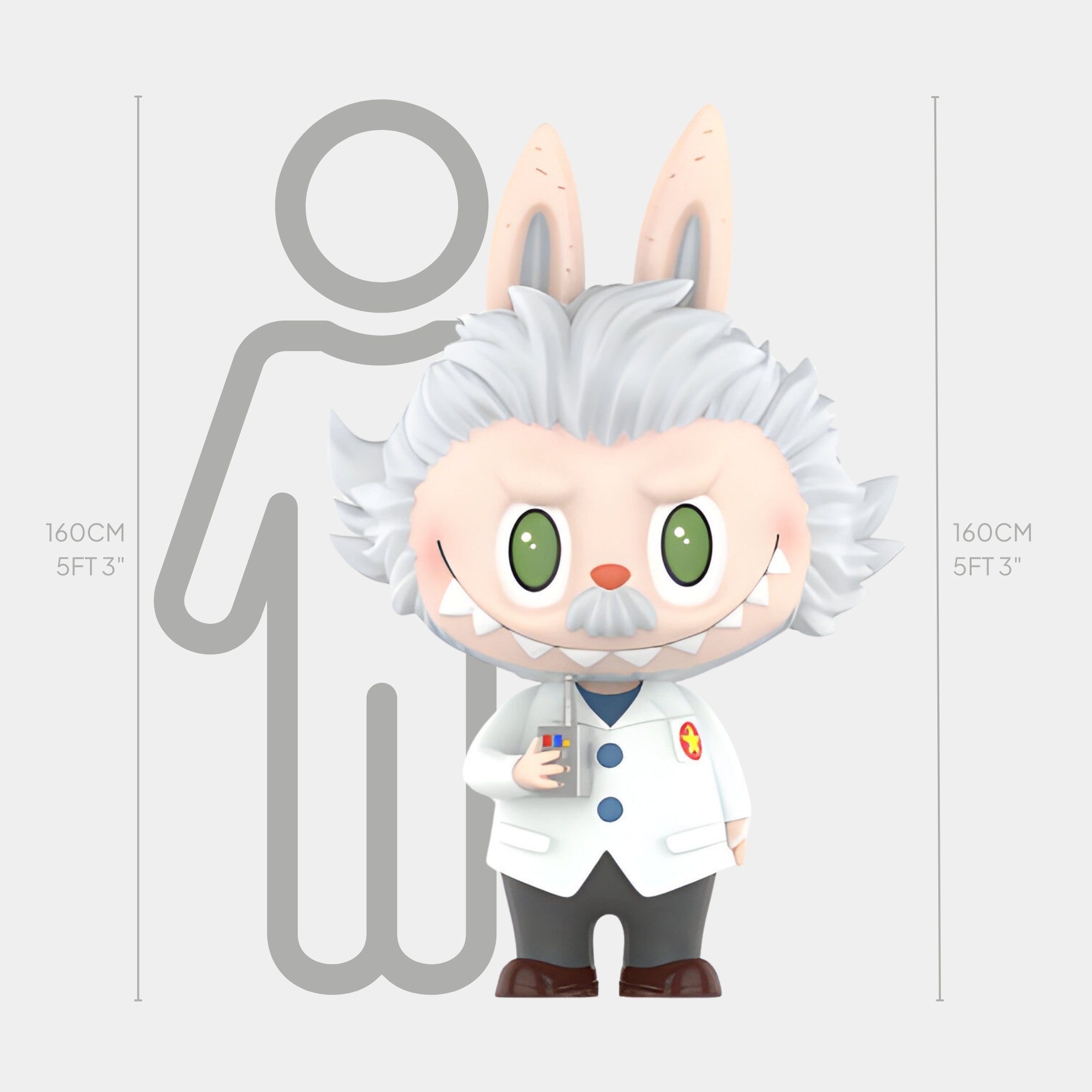 The Space Professor Labubu Sculpture - 160cm by Giant Sculptures features a cartoon bunny with wild white hair, mustache, and lab coat holding a small object, displayed beside a human silhouette for scale.